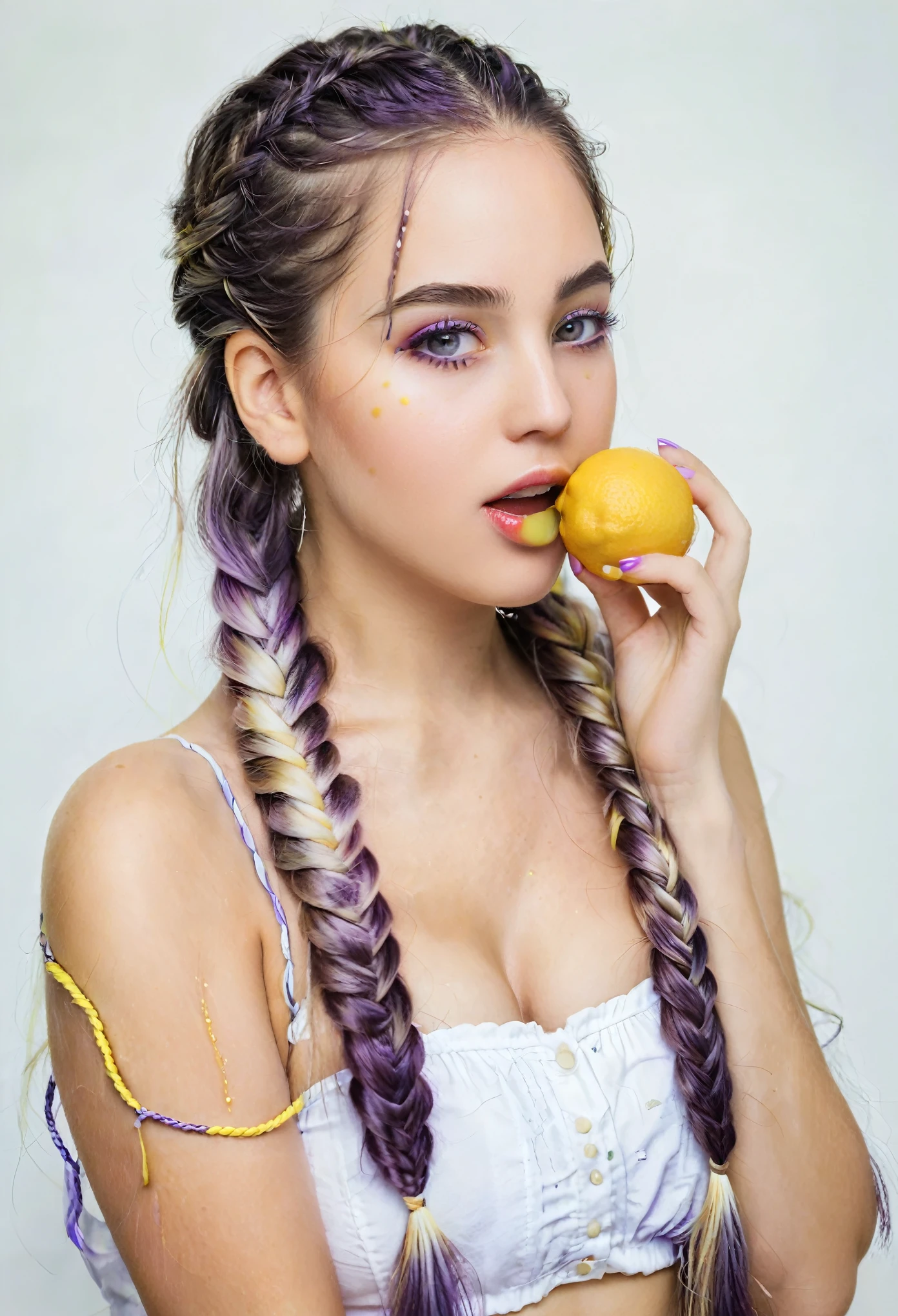 1Women,(holding a lemon), ((eating a big juicy lemons)), (long braided hairs), (purple and white gradient hairs), kind eyes, (full body shot), 