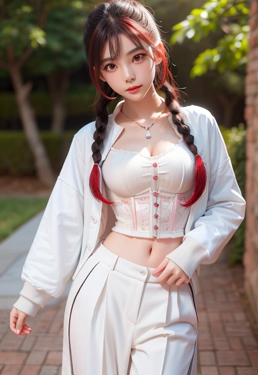 1girl, portrait of beautiful lobapex, athletic, white jacket, corset, skirt, pants, black hair, red hair, braids, makeup, choker, cleavage, wide hips, volumetric lighting, best quality, masterpiece, intricate details, tonemapping, sharp focus, hyper detailed, trending on Artstation, realistic