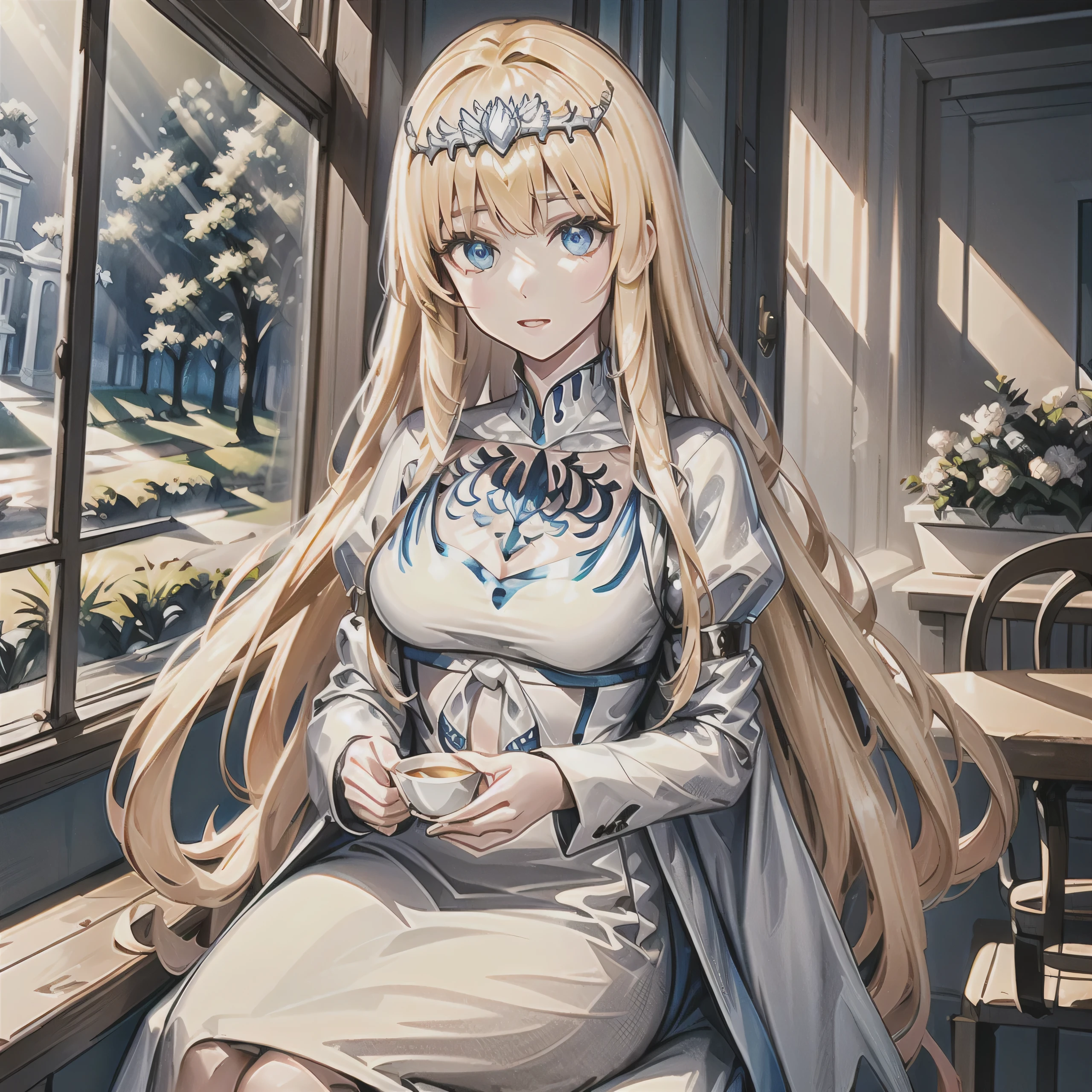 （masterpiece， best qualtiy：1.2），（looking at Viewert），Nice face， cowboy lens， rays of sunshine， ， In the forest 1girl, solo,  Calca, Calca Bessarez, blonde hair, (extremely long hair:1.3), very long hair, white tiara, silver tiara, white dress, blue eyes, medium chest, long straight hair, indoor, tea, in the botanical garden, sitting on the chair next to the table