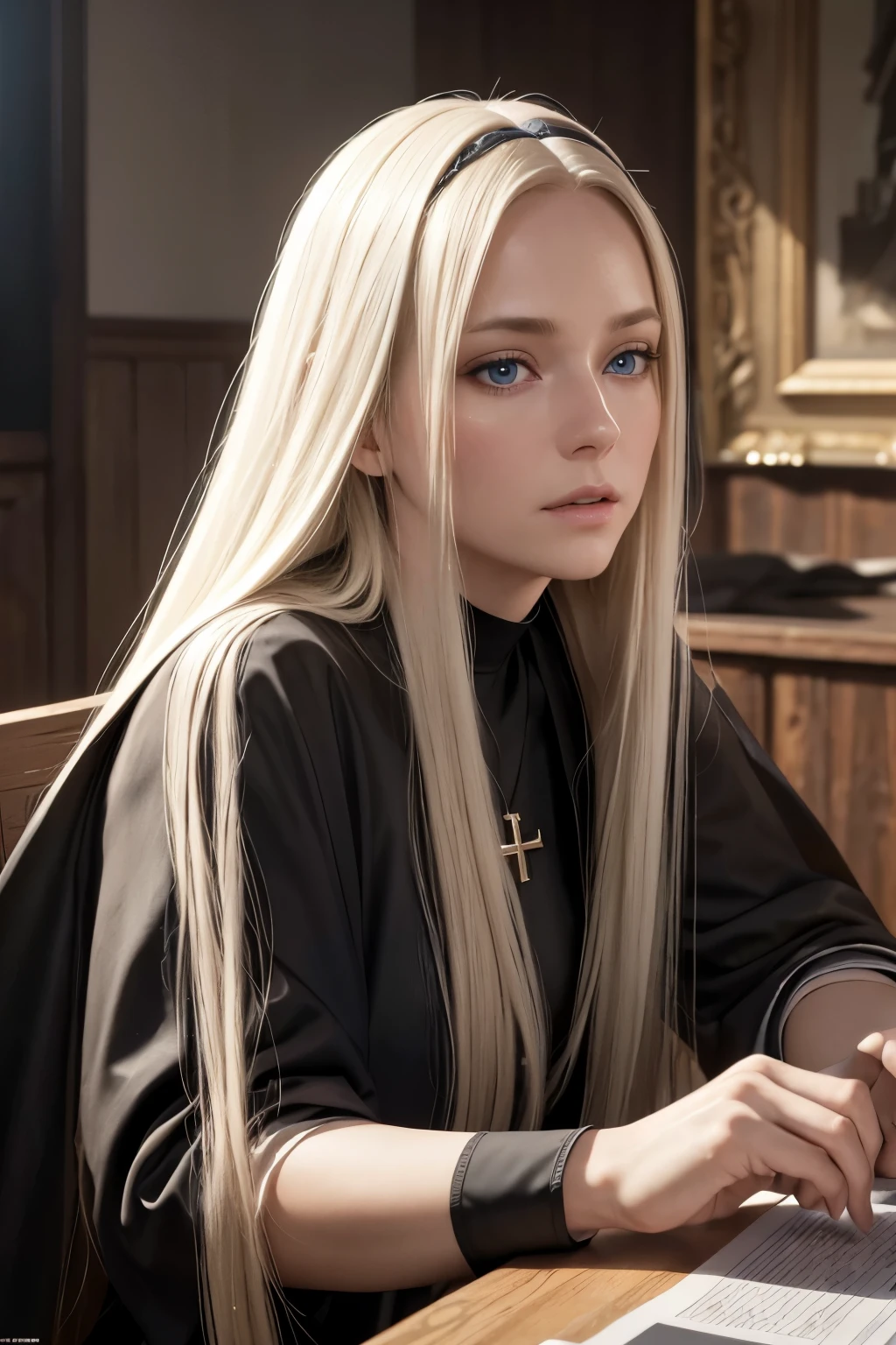 a 50 year old mysterious, dark, woman, nun, Pure blond straight hair, (long hair) (((straight hair))), Detailed hair, Blue Eyes, beautiful eyes, light on the face, pale skin, (best quality,4k,8k,highres,masterpiece:1.2),ultra-detailed,(realistic,photorealistic,photo-realistic:1.37),HDR,UHD,studio lighting,ultra-fine painting,sharp focus,physically-based rendering,extreme detail description,professional,