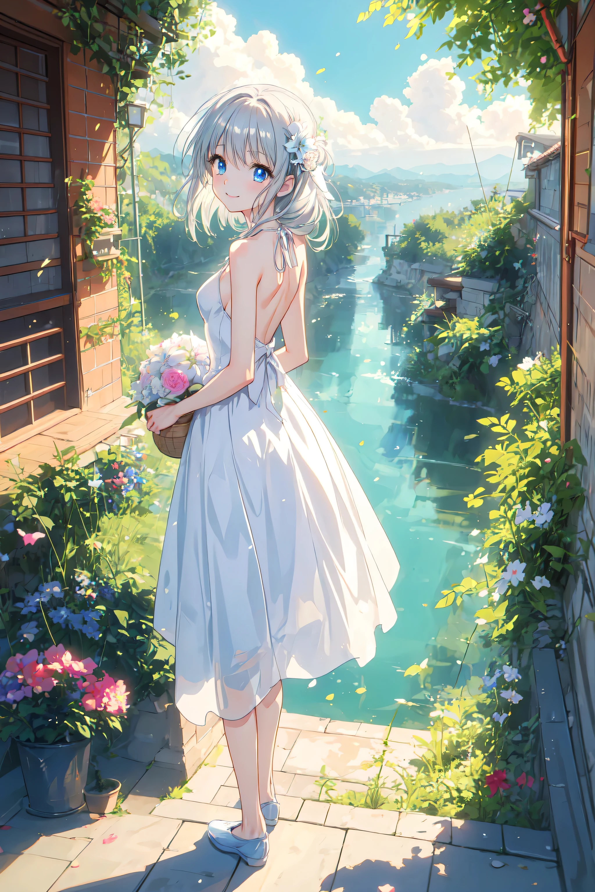 ((highest quality)), ((masterpiece)), (detailed), Perfect Face ,masterpiece, best quality, extremely detailed, anime, 1girl, blue eyes, silver hair, 8K, 4K,longhair,colorful,Wedding dress,small breast,expressive eyes,perfect face, moe, kawaii,cute,dress,eye focus, spectacular view, diamond shaped eyes, full body, arm behind back, day,smile,sea,have a basket