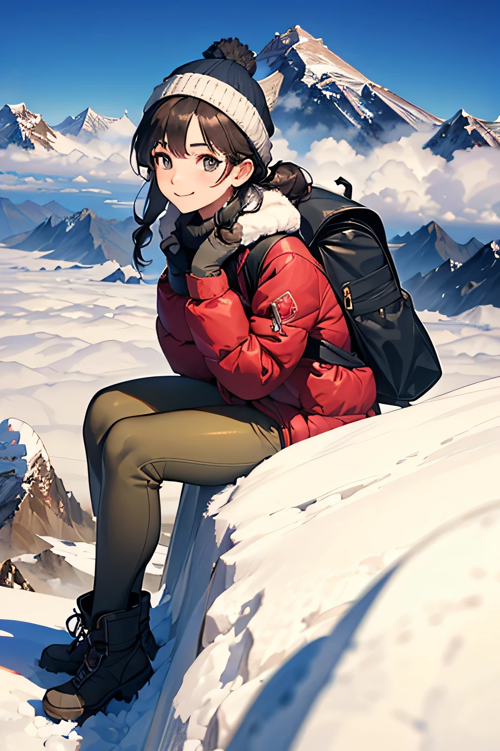 highest quality、High resolution、Detailed Background、(Beautiful face in every detail:1.4)、Anatomically correct、(Detailed facial expressions)、(Detailed eyes:1.2)、Beautiful women in their 20s、(Highly detailed face:1.4)、Cute hair colour、Braided Ponytail、Braided long hair、Wavy Hairstyle、well-groomed eyebrows、Cute gestures、From the summit of Everest、

(A beautiful woman with a satisfied expression taking a photo at a powerful angle from the summit of Mount Everest at an altitude of 8,000 meters:1.5)、

The spectacular sight of the world&#39;s highest peak unfolds before your eyes.、The snowy peak of Mount Everest, towering above the sea of clouds, looks like a giant white spire stretching into the heavens.、Its imposing appearance seems to symbolize the pinnacle of the Earth.、Standing at the peak at an altitude of 8048 meters、The view from there is magnificent.、Beneath my feet is a deep valley and steep rock faces, with a small mountain reflected in the distance.々is a series of、
Far below you can see the sea of clouds and the towering figure of Mount Everest.、
The white snowy tops reflect the sunlight and look like gods.々It seems to emit a bright glow.、
The overwhelming presence will take your breath away.、The blue sky and the pure white snowy peaks create a beautiful contrast.、
You can feel the grandeur of the highest peak on earth and the smallness of humans.、You can capture the overwhelming power and grandeur of the place.、This will be a thrilling and moving piece that was achieved at the risk of one&#39;s life.、

Choose a lightweight, warm down jacket。Elegant design with fur、
Stylish leggings with a tight silhouette、The warm high-necked top gives a mature and elegant impression.、The colour should also be calm.、Sturdy hiking boots、Chic beige and grey design、Gloves and neck warmer、Add accents with accessories such as knit hats、A functional backpack-type bag