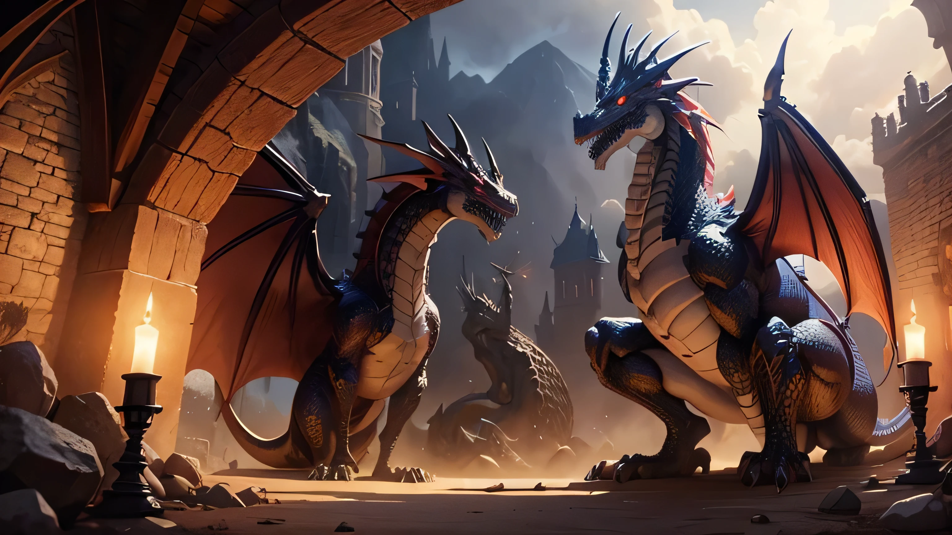 8K,Best quality, masterpiece, ultra high res, (photorealistic:1.4), a dragon city, multicolored dragons guarding a king dragon, masterpiece, best quality,
