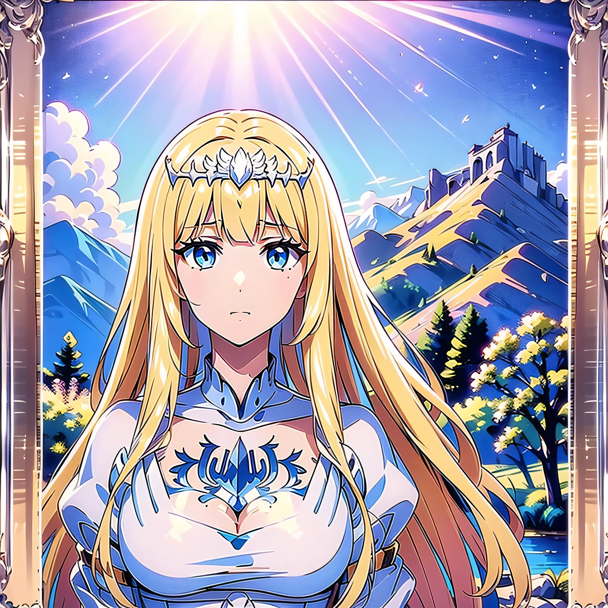 1girl, portrait, beautiful flower, cinematic angle, cinematic lighting, (oil painting), picture frame, ((masterpiece)), ((best quality)), ((ultra-detailed)), (illustration), ((an extremely delicate and beautiful)), solo, Calca, Calca Bessarez, blonde hair, extremely long hair, very long hair, white tiara, silver tiara, white dress, blue eyes, medium chest, long straight hair, full body, mountain background