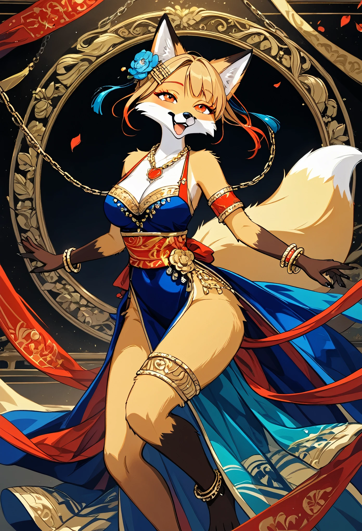 top quality, ancient Chinese beauty(highly detailed beautiful face and eyes)absurdres, perfect anatomy((beast woman, solo focus)) (((furry))) (furry anthro:1.7) ((((Furry body, fox facial features, fox body features)))) ((fox's muzzle, very detailed body fur))full body, dancing pose, gorgeous dress embroidered with intricate embroidery, transparent colorful ribbons tied around her arms, bare shoulders, open neck, wreath, black bun with flower hairpins Belts, armbands with streamers, necklaces, bracelets, anklets, metal chain tassels around the waist, Mogao Grottoes art, inspiration from Dunhuang Flying Apsaras murals, ink wash,