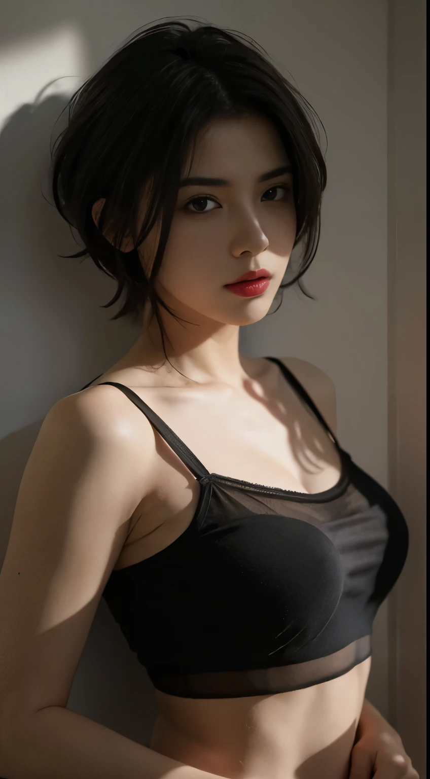 Best quality, masterpiece, ultra high res, (photorealistic:1.5), raw photo, 1girl,, in the dark, deep shadow, low key, cold light,  look, short hair, smooth ,  , leaf shadow, black badge bra, sheer top