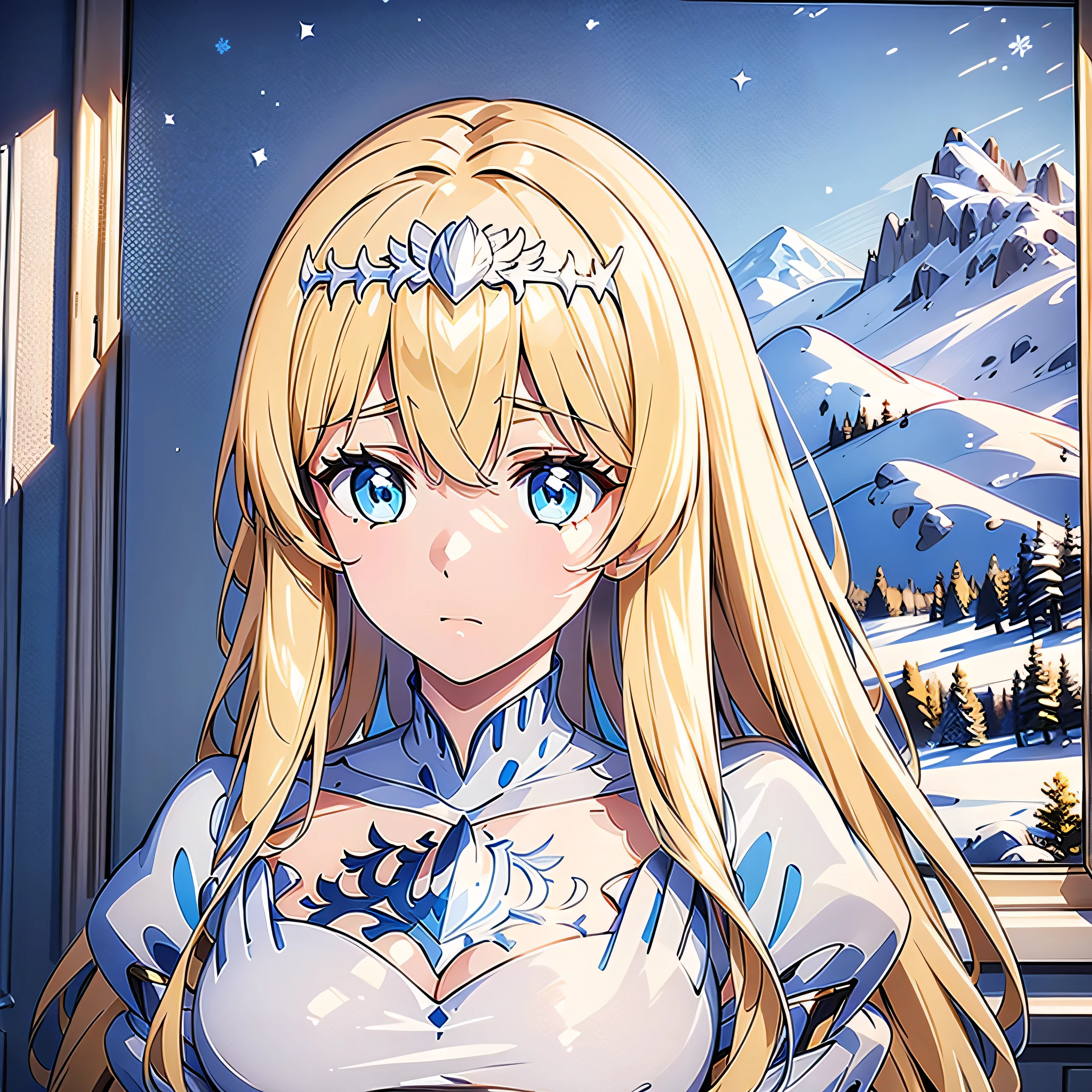 1girl, upper body, portrait, beautiful mountain background, aurora, winter, cinematic angle, cinematic lighting, (oil painting), picture frame, ((masterpiece)), ((best quality)), ((ultra-detailed)), (illustration), ((an extremely delicate and beautiful)), solo, Calca, Calca Bessarez, blonde hair, extremely long hair, very long hair, white tiara, silver tiara, white dress, blue eyes, medium chest, long straight hair