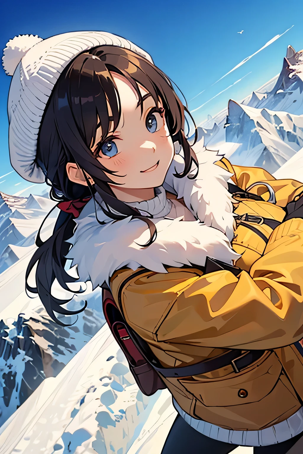 highest quality、High resolution、Detailed Background、(Beautiful face in every detail:1.4)、Anatomically correct、(Detailed facial expressions)、(Detailed eyes:1.2)、Beautiful women in their 20s、(Highly detailed face:1.4)、Cute hair colour、Braided Ponytail、Braided long hair、Wavy Hairstyle、well-groomed eyebrows、Cute gestures、From the summit of Everest、

(A beautiful woman with a satisfied expression taking a photo at a powerful angle from the summit of Mount Everest at an altitude of 8,000 meters:1.5)、

The spectacular sight of the world&#39;s highest peak unfolds before your eyes.、The snowy peak of Mount Everest, towering above the sea of clouds, looks like a giant white spire stretching into the heavens.、Its imposing appearance seems to symbolize the pinnacle of the Earth.、Standing at the peak at an altitude of 8048 meters、The view from there is magnificent.、Beneath my feet is a deep valley and steep rock faces, with a small mountain reflected in the distance.々is a series of、
Far below you can see the sea of clouds and the towering figure of Mount Everest.、
The white snowy tops reflect the sunlight and look like gods.々It seems to emit a bright glow.、
The overwhelming presence will take your breath away.、The blue sky and the pure white snowy peaks create a beautiful contrast.、
You can feel the grandeur of the highest peak on earth and the smallness of humans.、You can capture the overwhelming power and grandeur of the place.、This will be a thrilling and moving piece that was achieved at the risk of one&#39;s life.、

Choose a lightweight, warm down jacket。Elegant design with fur、
Stylish leggings with a tight silhouette、The warm high-necked top gives a mature and elegant impression.、The colour should also be calm.、Sturdy hiking boots、Chic beige and grey design、Gloves and neck warmer、Add accents with accessories such as knit hats、A functional backpack-type bag
