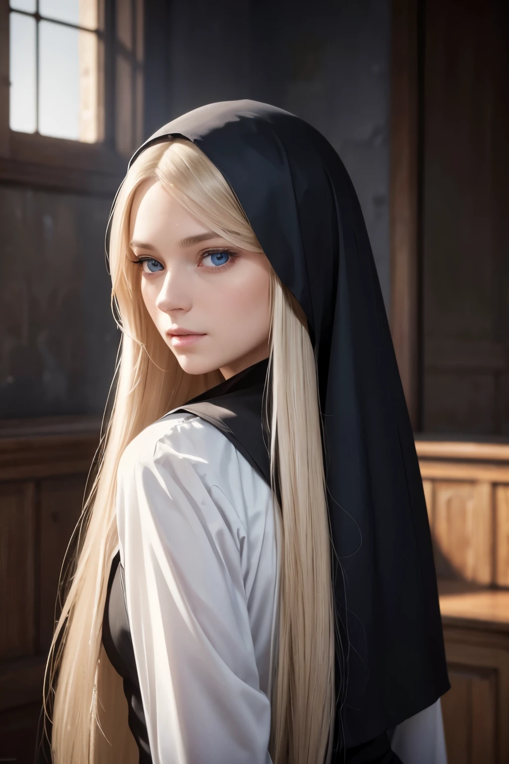 a 50 year old mysterious, dark, woman, nun, Pure blond straight hair, (long hair) (((straight hair))), Detailed hair, Blue Eyes, beautiful eyes, light on the face, pale skin,  (best quality,4k,8k,highres,masterpiece:1.2),ultra-detailed,(realistic,photorealistic,photo-realistic:1.37),HDR,UHD,studio lighting,ultra-fine painting,sharp focus,physically-based rendering,extreme detail description,professional, 
