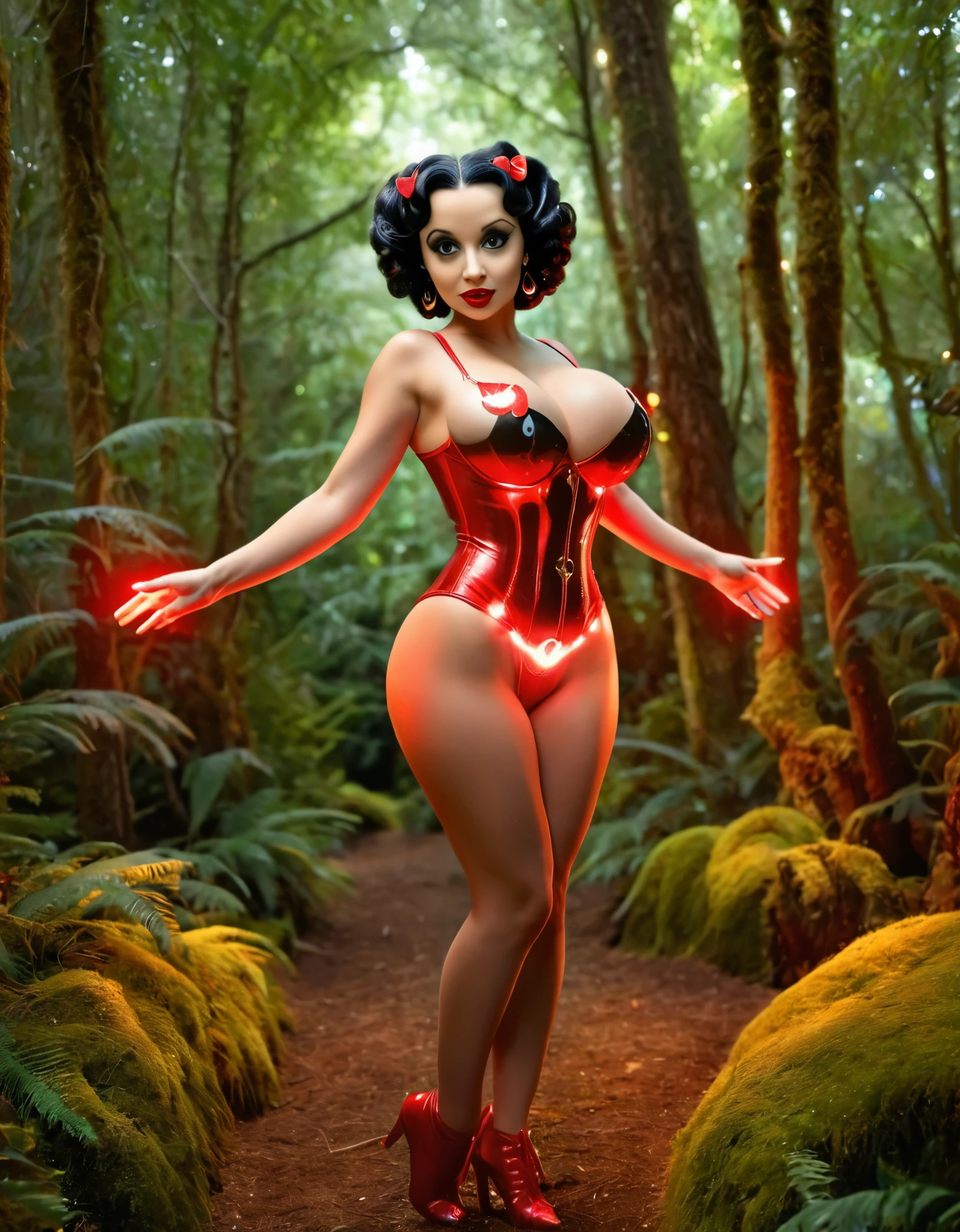 sexy Betty Boop, the cartoon character, large breasts,  wandering through an enchanted forest with glowing trees, mythical creatures, and a soft, dreamy light. photo realisrtic, 8k