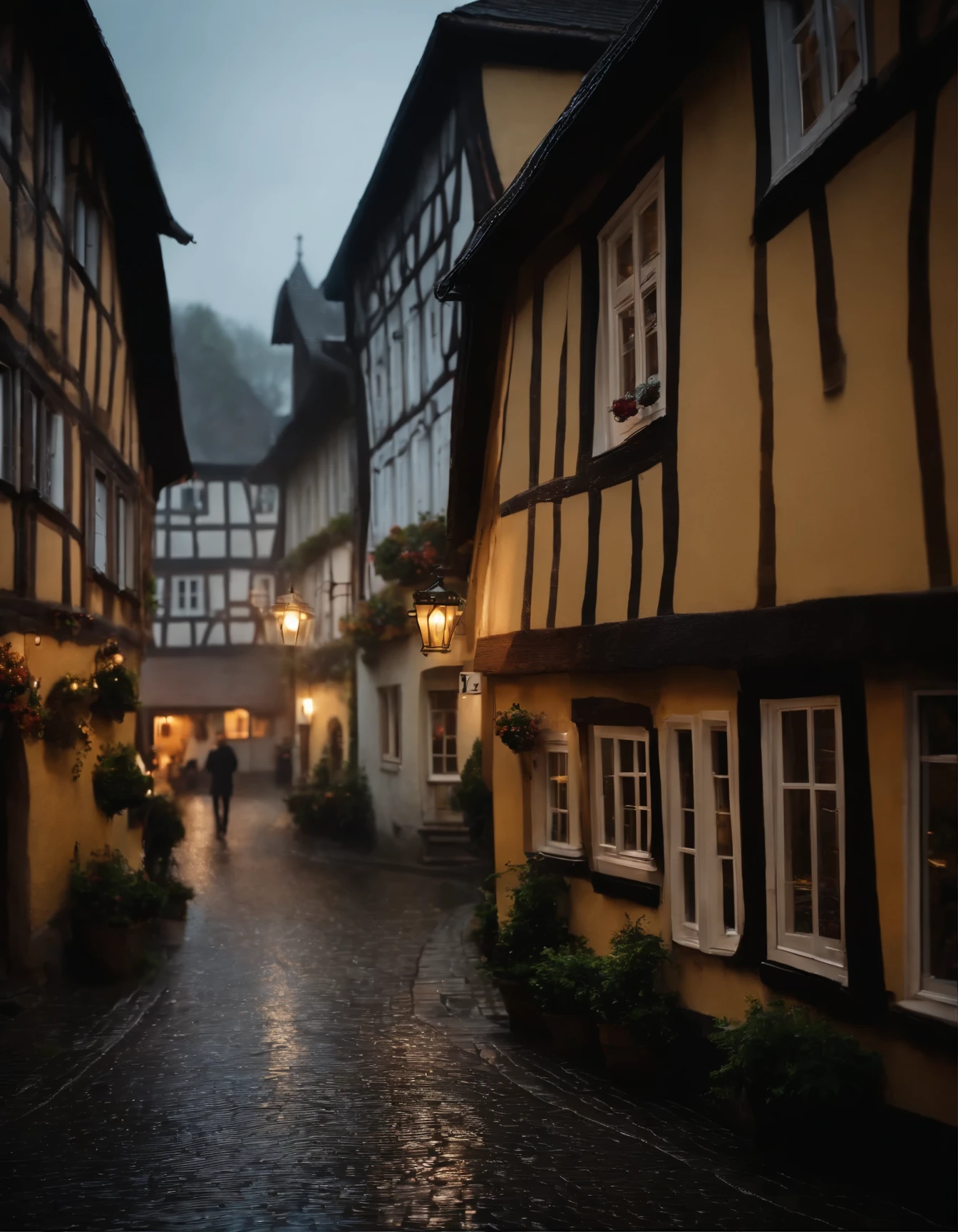 Medieval German town in the rain.