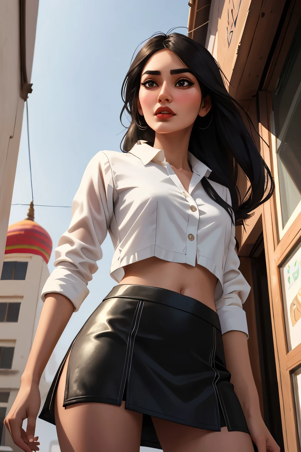 Afghan nifty girl, (28 years old), in the market, morning, slender, mini skirt, slender, confident expression, (from below view), (masterpiece, best quality, highly detailed, hyper realistic)
