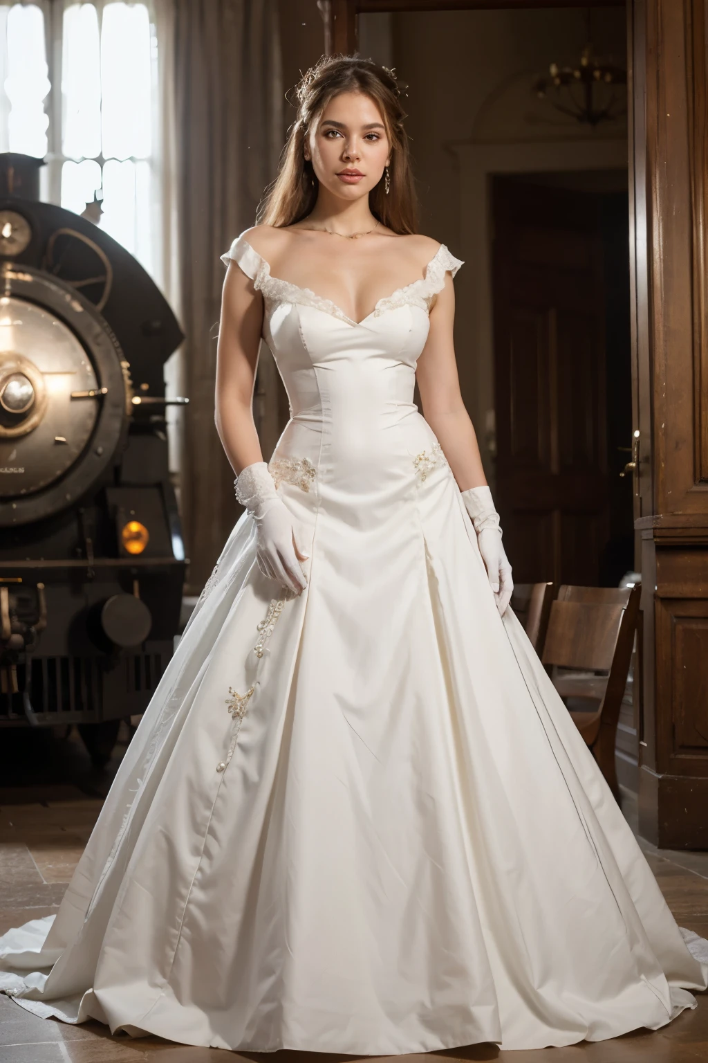 young beautiful mulatto woman. Best quality, Masterpiece, young mulatto queen in stately and delicate royal wedding dress in white satin tulle,Wear extra-long white gloves,Decorated with a huge ribbon bow, Lace, frilld, Woven pleats, Embroidery and jewelry, With large puff sleeves, Hourglass waist and voluminous Crinoline hoop skirt, bustle, and trains, white long gloves, pearl necklace and earrings, Long, Straight blonde hair draped loosely((Best quality)), ((masterpiece)), (detailed), perfect face
