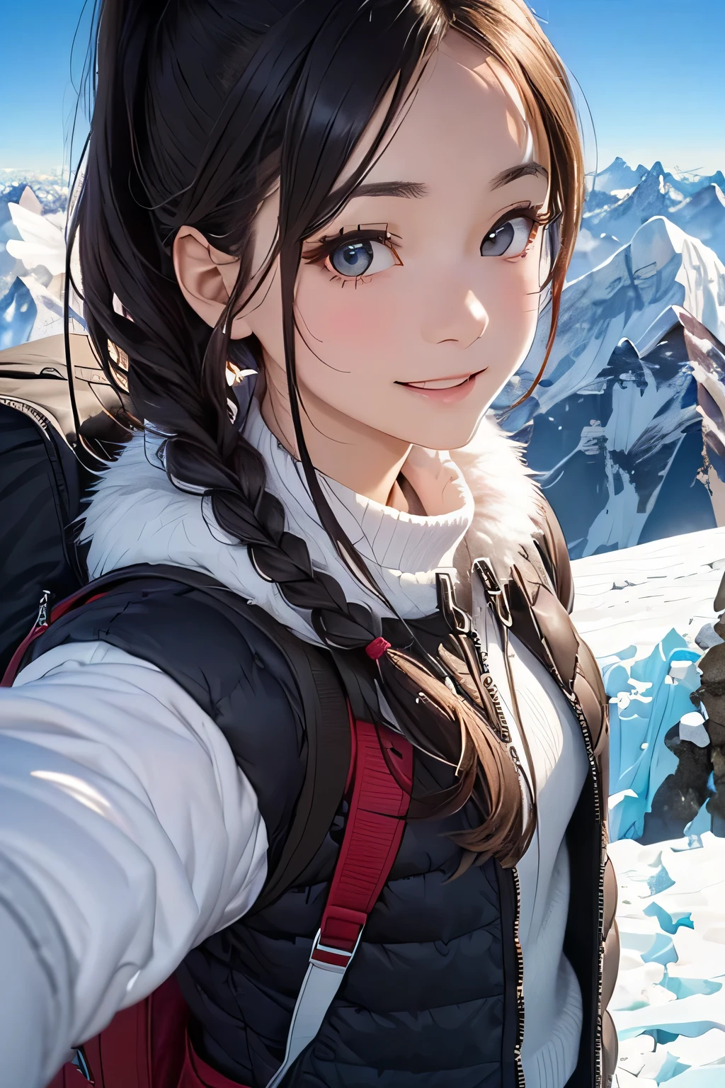 highest quality、High resolution、Detailed Background、(Beautiful face in every detail:1.4)、Anatomically correct、(Detailed facial expressions)、(Detailed eyes:1.2)、Beautiful women in their 20s、(Highly detailed face:1.4)、Cute hair colour、Braided Ponytail、Braided long hair、Wavy Hairstyle、well-groomed eyebrows、Cute gestures、From the summit of Everest、

(A beautiful woman with a satisfied expression taking a photo at a powerful angle from the summit of Mount Everest at an altitude of 8,000 meters:1.5)、

The spectacular sight of the world&#39;s highest peak unfolds before your eyes.、The snowy peak of Mount Everest, towering above the sea of clouds, looks like a giant white spire stretching into the heavens.、Its imposing appearance seems to symbolize the pinnacle of the Earth.、Standing at the peak at an altitude of 8048 meters、The view from there is magnificent.、Beneath my feet is a deep valley and steep rock faces, with a small mountain reflected in the distance.々is a series of、
Far below you can see the sea of clouds and the towering figure of Mount Everest.、
The white snowy tops reflect the sunlight and look like gods.々It seems to emit a bright glow.、
The overwhelming presence will take your breath away.、The blue sky and the pure white snowy peaks create a beautiful contrast.、
You can feel the grandeur of the highest peak on earth and the smallness of humans.、You can capture the overwhelming power and grandeur of the place.、This will be a thrilling and moving piece that was achieved at the risk of one&#39;s life.、

Choose a lightweight, warm down jacket。Elegant design with fur、
Stylish leggings with a tight silhouette、The warm high-necked top gives a mature and elegant impression.、The colour should also be calm.、Sturdy hiking boots、Chic beige and grey design、Gloves and neck warmer、Add accents with accessories such as knit hats、A functional backpack-type bag