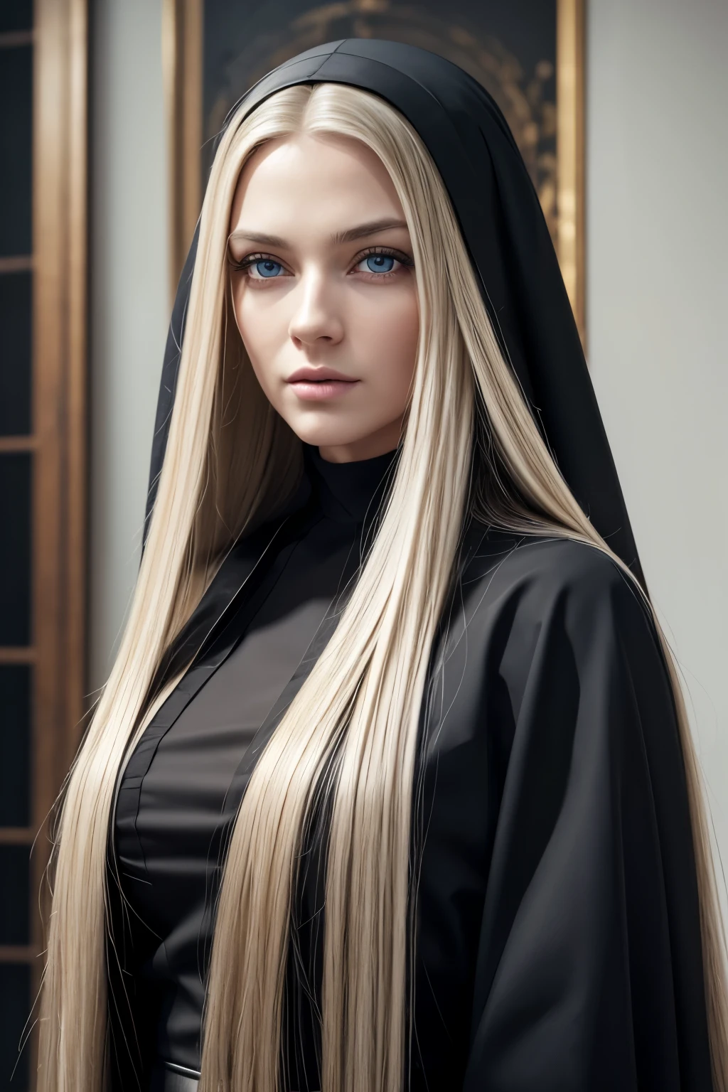 a 50 year old mysterious, dark, woman, nun, Pure blond straight hair, (long hair) (((straight hair))), Detailed hair, Blue Eyes, beautiful eyes, light on the face, pale skin, (best quality,4k,8k,highres,masterpiece:1.2),ultra-detailed,(realistic,photorealistic,photo-realistic:1.37),HDR,UHD,studio lighting,ultra-fine painting,sharp focus,physically-based rendering,extreme detail description,professional,