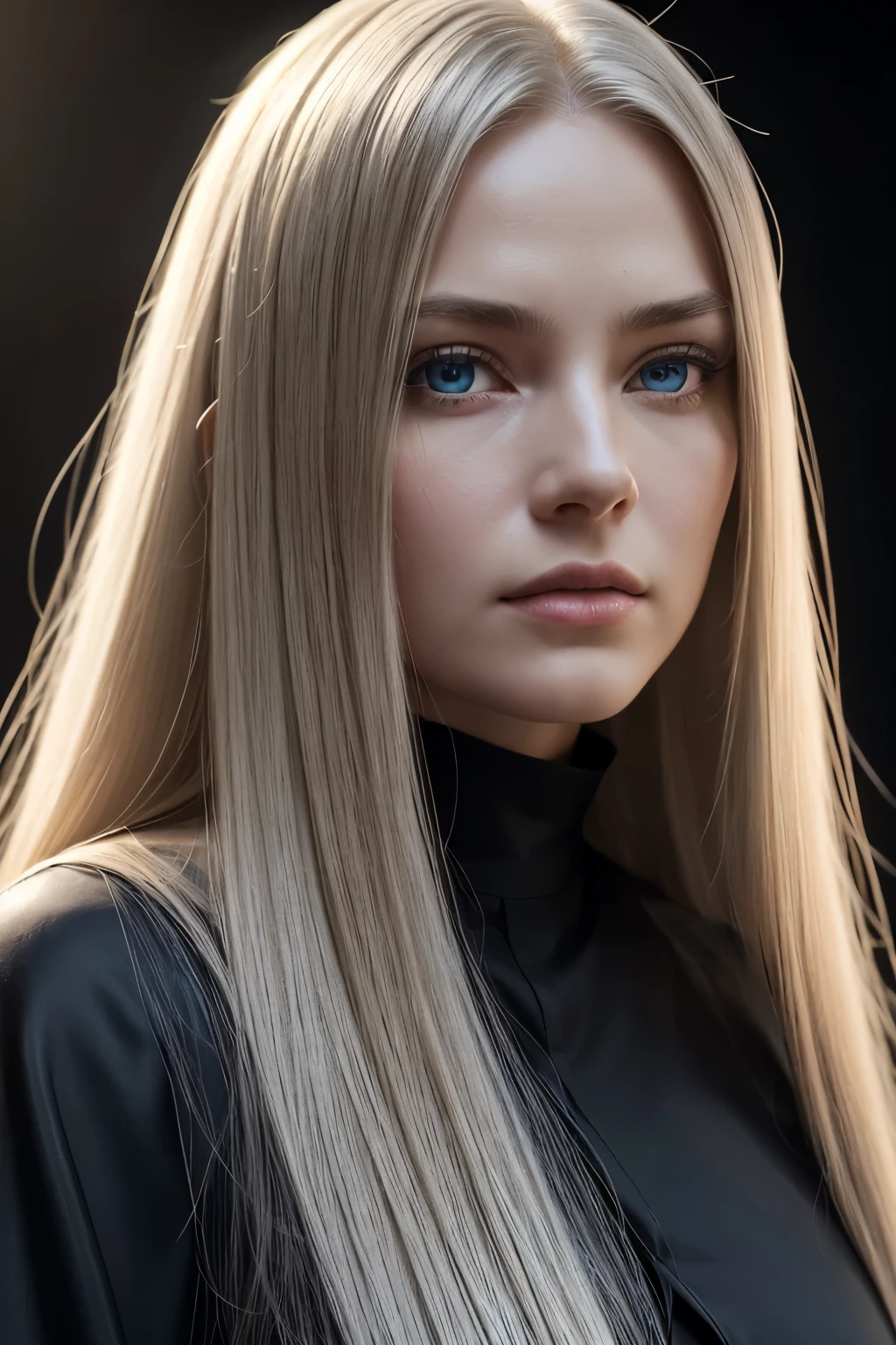 a 50 year old mysterious, dark, woman, nun, Pure blond straight hair, (long hair) (((straight hair))), Detailed hair, Blue Eyes, beautiful eyes, light on the face, pale skin, (best quality,4k,8k,highres,masterpiece:1.2),ultra-detailed,(realistic,photorealistic,photo-realistic:1.37),HDR,UHD,studio lighting,ultra-fine painting,sharp focus,physically-based rendering,extreme detail description,professional,