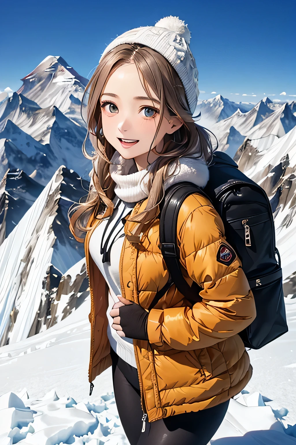 highest quality、High resolution、Detailed Background、(Beautiful face in every detail:1.4)、Anatomically correct、(Detailed facial expressions)、(Detailed eyes:1.2)、Beautiful women in their 20s、(Highly detailed face:1.4)、Cute hair colour、Braided Ponytail、Braided long hair、Wavy Hairstyle、well-groomed eyebrows、Cute gestures、From the summit of Everest、

(A beautiful woman with a satisfied expression taking a photo at a powerful angle from the summit of Mount Everest at an altitude of 8,000 meters:1.5)、

The spectacular sight of the world&#39;s highest peak unfolds before your eyes.、The snowy peak of Mount Everest, towering above the sea of clouds, looks like a giant white spire stretching into the heavens.、Its imposing appearance seems to symbolize the pinnacle of the Earth.、Standing at the peak at an altitude of 8048 meters、The view from there is magnificent.、Beneath my feet is a deep valley and steep rock faces, with a small mountain reflected in the distance.々is a series of、
Far below you can see the sea of clouds and the towering figure of Mount Everest.、
The white snowy tops reflect the sunlight and look like gods.々It seems to emit a bright glow.、
The overwhelming presence will take your breath away.、The blue sky and the pure white snowy peaks create a beautiful contrast.、
You can feel the grandeur of the highest peak on earth and the smallness of humans.、You can capture the overwhelming power and grandeur of the place.、This will be a thrilling and moving piece that was achieved at the risk of one&#39;s life.、

Choose a lightweight, warm down jacket。Elegant design with fur、
Stylish leggings with a tight silhouette、The warm high-necked top gives a mature and elegant impression.、The colour should also be calm.、Sturdy hiking boots、Chic beige and grey design、Gloves and neck warmer、Add accents with accessories such as knit hats、A functional backpack-type bag