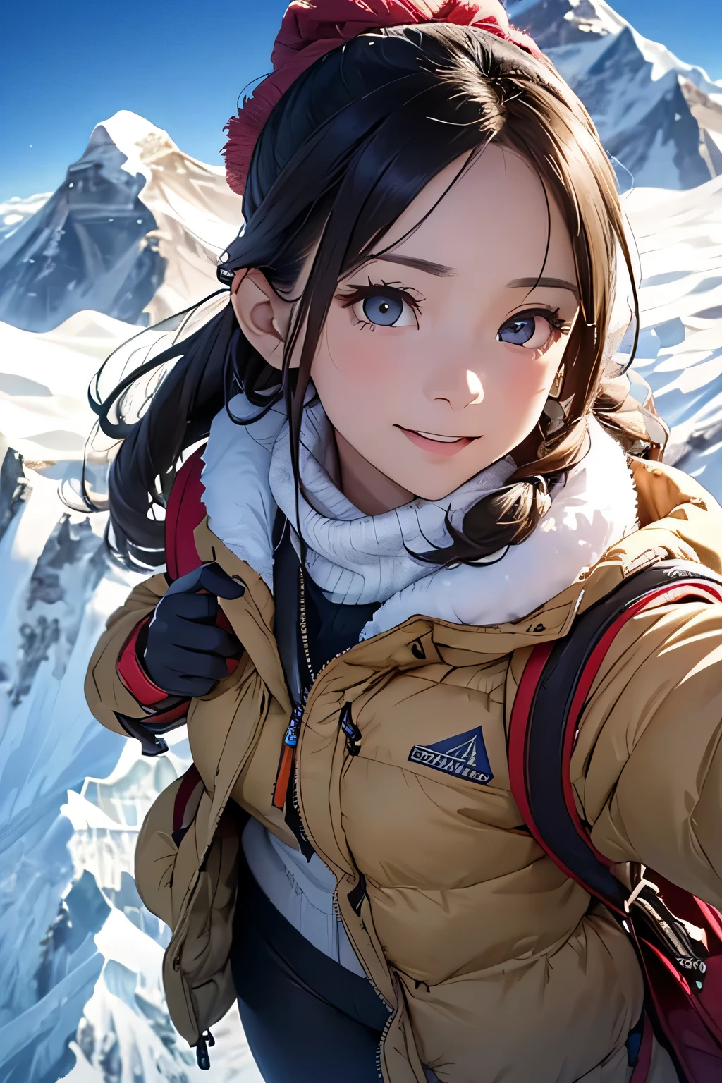 highest quality、High resolution、Detailed Background、(Beautiful face in every detail:1.4)、Anatomically correct、(Detailed facial expressions)、(Detailed eyes:1.2)、Beautiful women in their 20s、(Highly detailed face:1.4)、Cute hair colour、Braided Ponytail、Braided long hair、Wavy Hairstyle、well-groomed eyebrows、Cute gestures、From the summit of Everest、
(A beautiful woman with a satisfied expression taking a photo at a powerful angle from the summit of Mount Everest at an altitude of 8,000 meters:1.5)、
The spectacular sight of the world's highest peak unfolds before your eyes.、The snowy peak of Mount Everest, towering above the sea of clouds, looks like a giant white spire stretching into the heavens.、Its imposing appearance seems to symbolize the pinnacle of the Earth.、Standing at the peak at an altitude of 8048 meters、The view from there is magnificent.、Beneath my feet is a deep valley and steep rock faces, with a small mountain reflected in the distance.々is a series of、
Far below you can see the sea of clouds and the towering figure of Mount Everest.、
The white snowy tops reflect the sunlight and look like gods.々It seems to emit a bright glow.、
The overwhelming presence will take your breath away.、The blue sky and the pure white snowy peaks create a beautiful contrast.、
You can feel the grandeur of the highest peak on earth and the smallness of humans.、You can capture the overwhelming power and grandeur of the place.、This will be a thrilling and moving piece that was achieved at the risk of one's life.、
Choose a lightweight, warm down jacket。Elegant design with fur、
Stylish leggings with a tight silhouette、The warm high-necked top gives a mature and elegant impression.、The colour should also be calm.、Sturdy hiking boots、Chic beige and grey design、Gloves and neck warmer、Add accents with accessories such as knit hats、A functional backpack-type bag