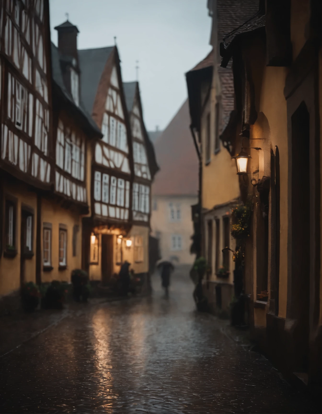 Medieval German town in the rain.