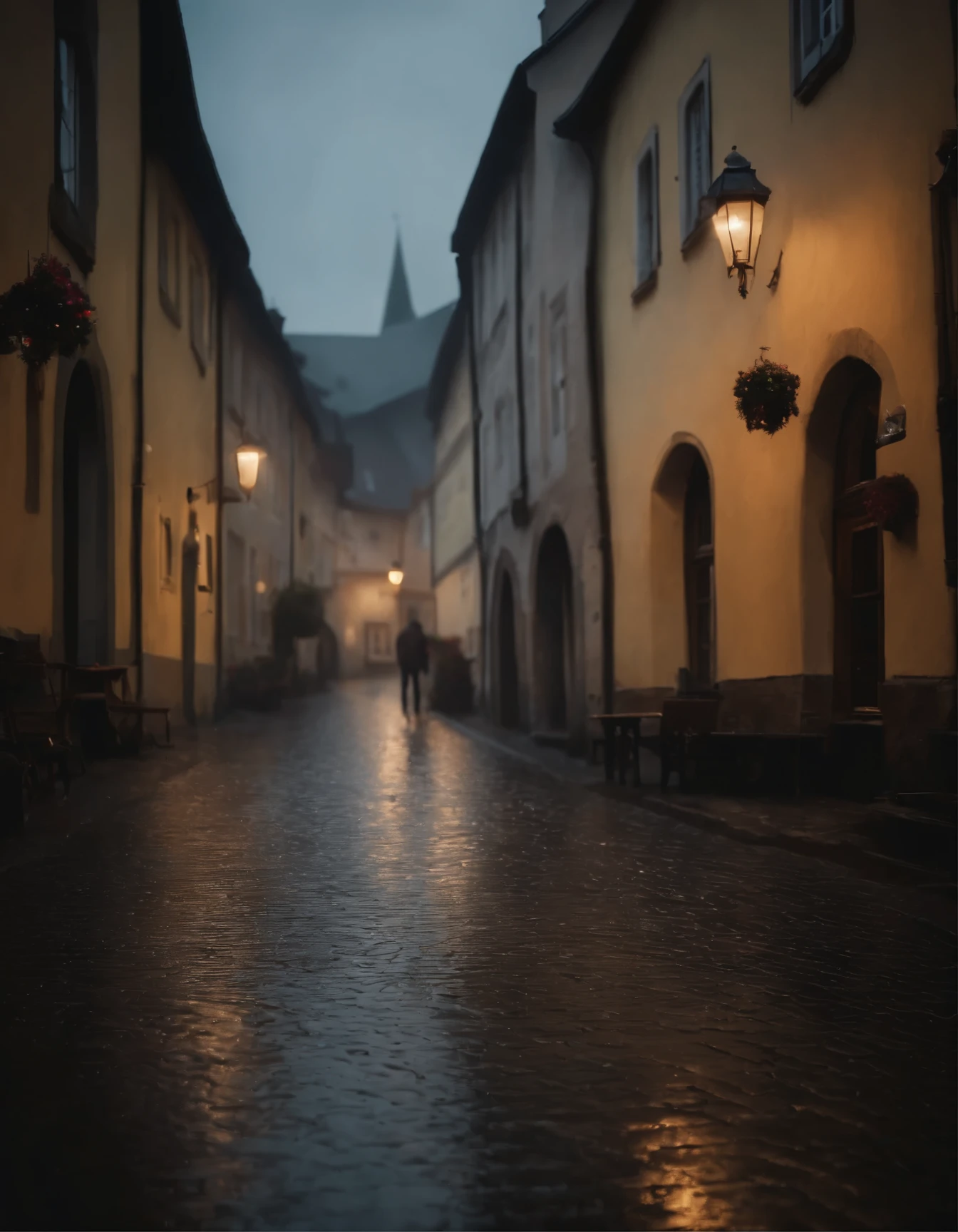 Medieval German town in the rain.