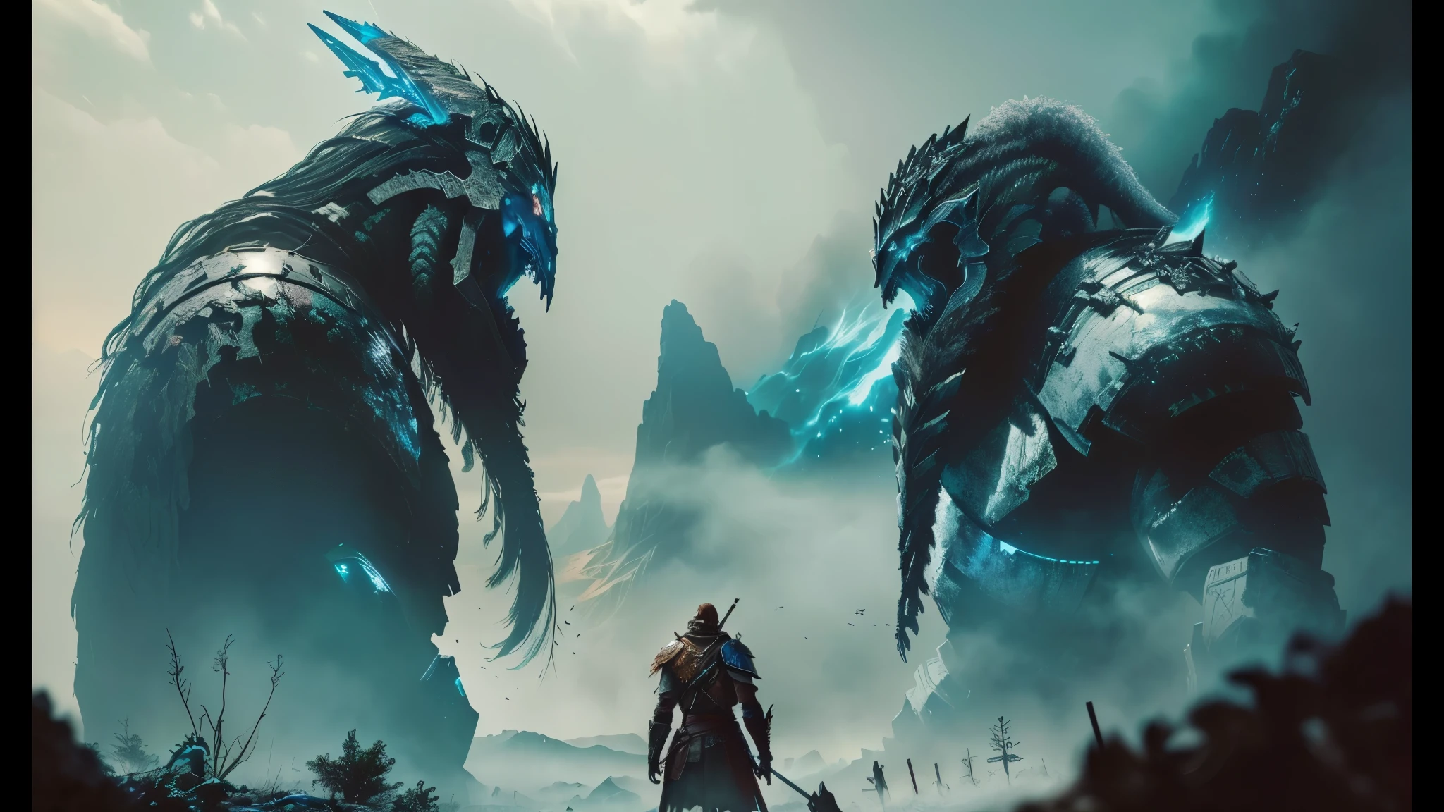 um close de duas pessoas em frente a uma montanha, filme still de deus da guerra, jogo de desprezo, do videogame vermintide 2, large titan creature in the center, epic video game art, epic cinematic scene, 4k cinematic wallpaper, epic cinematic scene, 4k cinematic wallpaper, ainda de um filme de fantasia, zero dawn horizon aesthetic