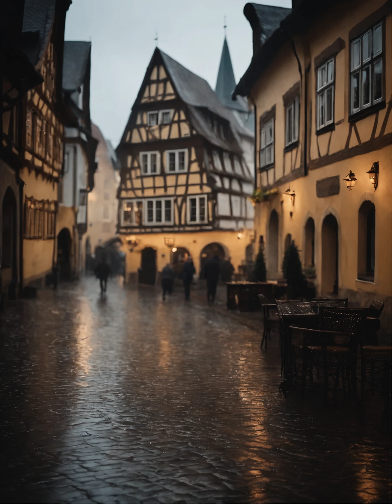 Medieval German town in the rain.