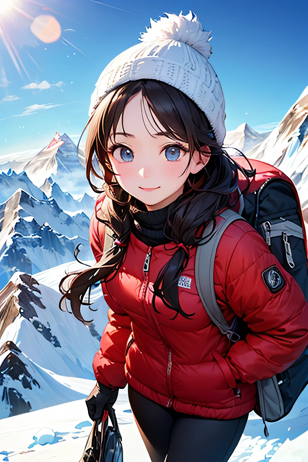 highest quality、High resolution、Detailed Background、(Beautiful face in every detail:1.4)、Anatomically correct、(Detailed facial expressions)、(Detailed eyes:1.2)、Beautiful women in their 20s、(Highly detailed face:1.4)、Cute hair colour、Braided Ponytail、Braided long hair、Wavy Hairstyle、well-groomed eyebrows、Cute gestures、From the summit of Everest、

(A beautiful woman with a satisfied expression taking a photo at a powerful angle from the summit of Mount Everest at an altitude of 8,000 meters:1.5)、

The spectacular sight of the world&#39;s highest peak unfolds before your eyes.、The snowy peak of Mount Everest, towering above the sea of clouds, looks like a giant white spire stretching into the heavens.、Its imposing appearance seems to symbolize the pinnacle of the Earth.、Standing at the peak at an altitude of 8048 meters、The view from there is magnificent.、Beneath my feet is a deep valley and steep rock faces, with a small mountain reflected in the distance.々is a series of、
Far below you can see the sea of clouds and the towering figure of Mount Everest.、
The white snowy tops reflect the sunlight and look like gods.々It seems to emit a bright glow.、
The overwhelming presence will take your breath away.、The blue sky and the pure white snowy peaks create a beautiful contrast.、
You can feel the grandeur of the highest peak on earth and the smallness of humans.、You can capture the overwhelming power and grandeur of the place.、This will be a thrilling and moving piece that was achieved at the risk of one&#39;s life.、

Choose a lightweight, warm down jacket。Elegant design with fur、
Stylish leggings with a tight silhouette、The warm high-necked top gives a mature and elegant impression.、The colour should also be calm.、Sturdy hiking boots、Chic beige and grey design、Gloves and neck warmer、Add accents with accessories such as knit hats、A functional backpack-type bag