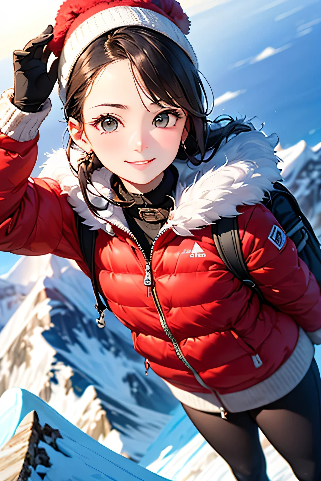 highest quality、High resolution、Detailed Background、(Beautiful face in every detail:1.4)、Anatomically correct、(Detailed facial expressions)、(Detailed eyes:1.2)、Beautiful women in their 20s、(Highly detailed face:1.4)、Cute hair colour、Braided Ponytail、Braided long hair、Wavy Hairstyle、well-groomed eyebrows、Cute gestures、From the summit of Everest、

(A beautiful woman with a satisfied expression taking a photo at a powerful angle from the summit of Mount Everest at an altitude of 8,000 meters:1.5)、

The spectacular sight of the world&#39;s highest peak unfolds before your eyes.、The snowy peak of Mount Everest, towering above the sea of clouds, looks like a giant white spire stretching into the heavens.、Its imposing appearance seems to symbolize the pinnacle of the Earth.、Standing at the peak at an altitude of 8048 meters、The view from there is magnificent.、Beneath my feet is a deep valley and steep rock faces, with a small mountain reflected in the distance.々is a series of、
Far below you can see the sea of clouds and the towering figure of Mount Everest.、
The white snowy tops reflect the sunlight and look like gods.々It seems to emit a bright glow.、
The overwhelming presence will take your breath away.、The blue sky and the pure white snowy peaks create a beautiful contrast.、
You can feel the grandeur of the highest peak on earth and the smallness of humans.、You can capture the overwhelming power and grandeur of the place.、This will be a thrilling and moving piece that was achieved at the risk of one&#39;s life.、

Choose a lightweight, warm down jacket。Elegant design with fur、
Stylish leggings with a tight silhouette、The warm high-necked top gives a mature and elegant impression.、The colour should also be calm.、Sturdy hiking boots、Chic beige and grey design、Gloves and neck warmer、Add accents with accessories such as knit hats、A functional backpack-type bag