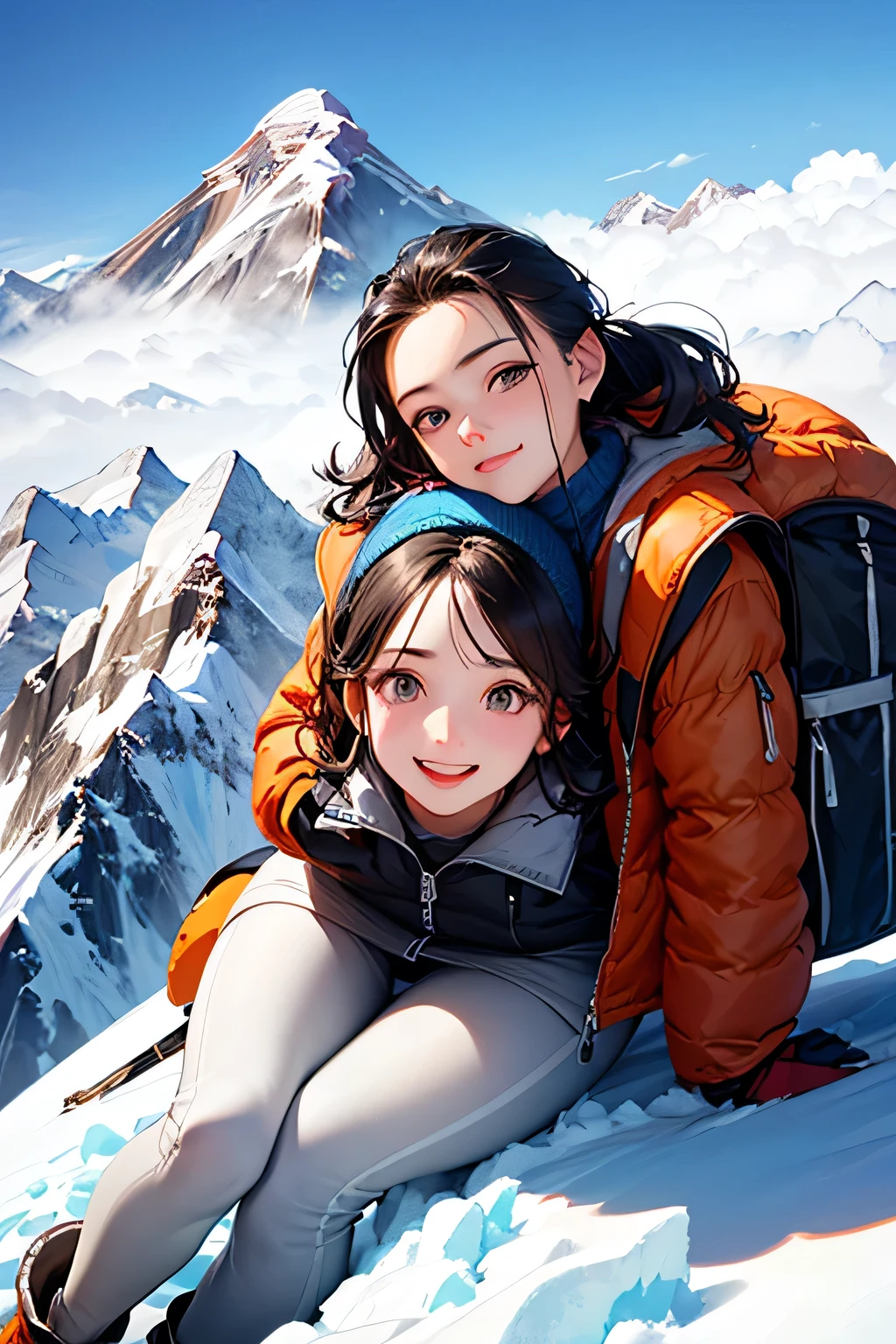 highest quality、High resolution、Detailed Background、(Beautiful face in every detail:1.4)、Anatomically correct、(Detailed facial expressions)、(Detailed eyes:1.2)、Beautiful women in their 20s、(Highly detailed face:1.4)、Cute hair colour、Braided Ponytail、Braided long hair、Wavy Hairstyle、well-groomed eyebrows、Cute gestures、From the summit of Everest、

(A beautiful woman with a satisfied expression taking a photo at a powerful angle from the summit of Mount Everest at an altitude of 8,000 meters:1.5)、

The spectacular sight of the world&#39;s highest peak unfolds before your eyes.、The snowy peak of Mount Everest, towering above the sea of clouds, looks like a giant white spire stretching into the heavens.、Its imposing appearance seems to symbolize the pinnacle of the Earth.、Standing at the peak at an altitude of 8048 meters、The view from there is magnificent.、Beneath my feet is a deep valley and steep rock faces, with a small mountain reflected in the distance.々is a series of、
Far below you can see the sea of clouds and the towering figure of Mount Everest.、
The white snowy tops reflect the sunlight and look like gods.々It seems to emit a bright glow.、
The overwhelming presence will take your breath away.、The blue sky and the pure white snowy peaks create a beautiful contrast.、
You can feel the grandeur of the highest peak on earth and the smallness of humans.、You can capture the overwhelming power and grandeur of the place.、This will be a thrilling and moving piece that was achieved at the risk of one&#39;s life.、

Choose a lightweight, warm down jacket。Elegant design with fur、
Stylish leggings with a tight silhouette、The warm high-necked top gives a mature and elegant impression.、The colour should also be calm.、Sturdy hiking boots、Chic beige and grey design、Gloves and neck warmer、Add accents with accessories such as knit hats、A functional backpack-type bag