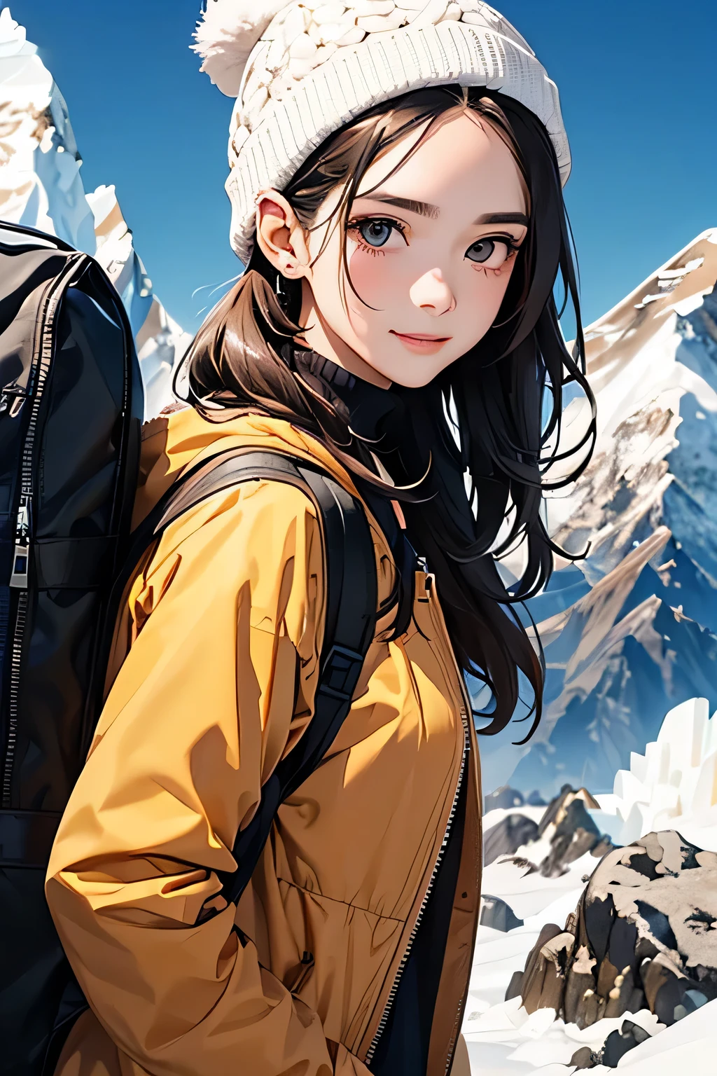 highest quality、High resolution、Detailed Background、(Beautiful face in every detail:1.4)、Anatomically correct、(Detailed facial expressions)、(Detailed eyes:1.2)、Beautiful women in their 20s、(Highly detailed face:1.4)、Cute hair colour、Braided Ponytail、Braided long hair、Wavy Hairstyle、well-groomed eyebrows、Cute gestures、From the summit of Everest、

(A beautiful woman with a satisfied expression taking a photo at a powerful angle from the summit of Mount Everest at an altitude of 8,000 meters:1.5)、

The spectacular sight of the world&#39;s highest peak unfolds before your eyes.、The snowy peak of Mount Everest, towering above the sea of clouds, looks like a giant white spire stretching into the heavens.、Its imposing appearance seems to symbolize the pinnacle of the Earth.、Standing at the peak at an altitude of 8048 meters、The view from there is magnificent.、Beneath my feet is a deep valley and steep rock faces, with a small mountain reflected in the distance.々is a series of、
Far below you can see the sea of clouds and the towering figure of Mount Everest.、
The white snowy tops reflect the sunlight and look like gods.々It seems to emit a bright glow.、
The overwhelming presence will take your breath away.、The blue sky and the pure white snowy peaks create a beautiful contrast.、
You can feel the grandeur of the highest peak on earth and the smallness of humans.、You can capture the overwhelming power and grandeur of the place.、This will be a thrilling and moving piece that was achieved at the risk of one&#39;s life.、

Choose a lightweight, warm down jacket。Elegant design with fur、
Stylish leggings with a tight silhouette、The warm high-necked top gives a mature and elegant impression.、The colour should also be calm.、Sturdy hiking boots、Chic beige and grey design、Gloves and neck warmer、Add accents with accessories such as knit hats、A functional backpack-type bag