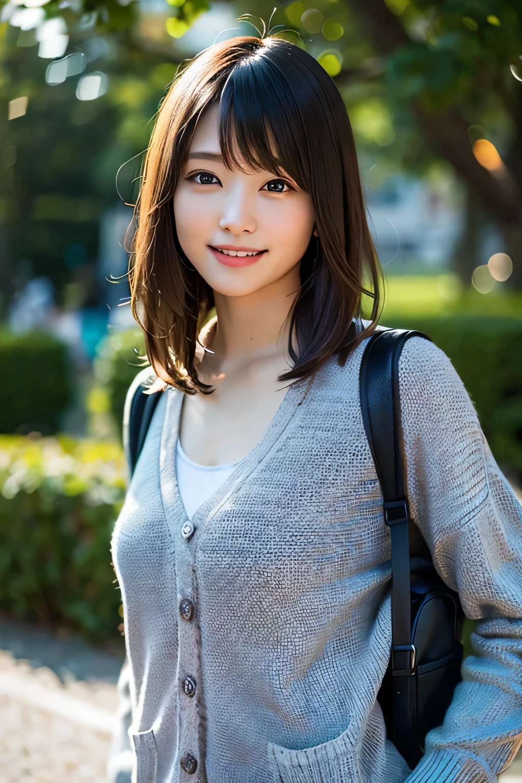 (Photoreal:1.4), (Super detailed), (highest quality), (best shadow), (masterpiece), ultra high resolution, 1 female, beautiful ripe year, bob hair, (Light purple blouse), (big breasts), smile, written boundary depth, perfect lighting, With background: (Tokyo Ginza street)