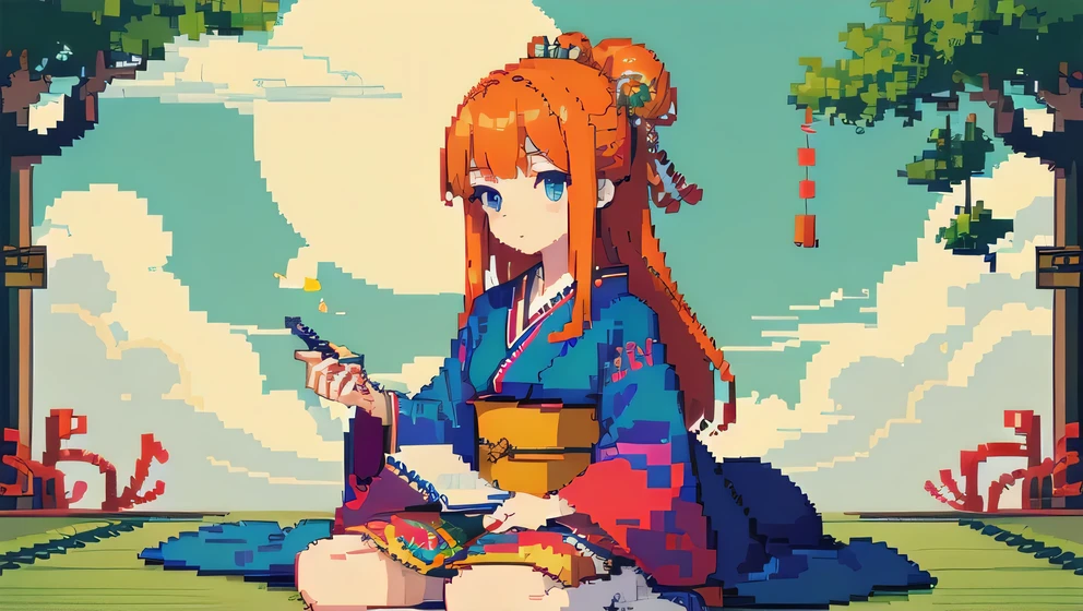 Pixel art,(((masterpiece,highest quality,pixel,Pixel Art))),One beautiful girl,Orange Hair,Long Hair,(Japanese style:1.4),princess,(Healing)