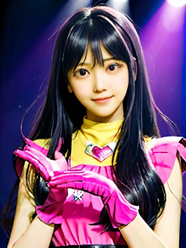 Realistic, Realistic, masterpiece, highest quality, Cute single girl, alone, double eyelid、On Stage, Stage lighting, ,((Purple long hair、bangs)),(Bunny-shaped hair clip),(Pink gloves)、(Her eyes are pink and have stars drawn on them.)、Stage Spotlight, Watch the audience, smile, Idol_sing_Pink Costume, (Purelos Face_v1:0.8),(((Hoshino Ai))),actress,Idol彫刻