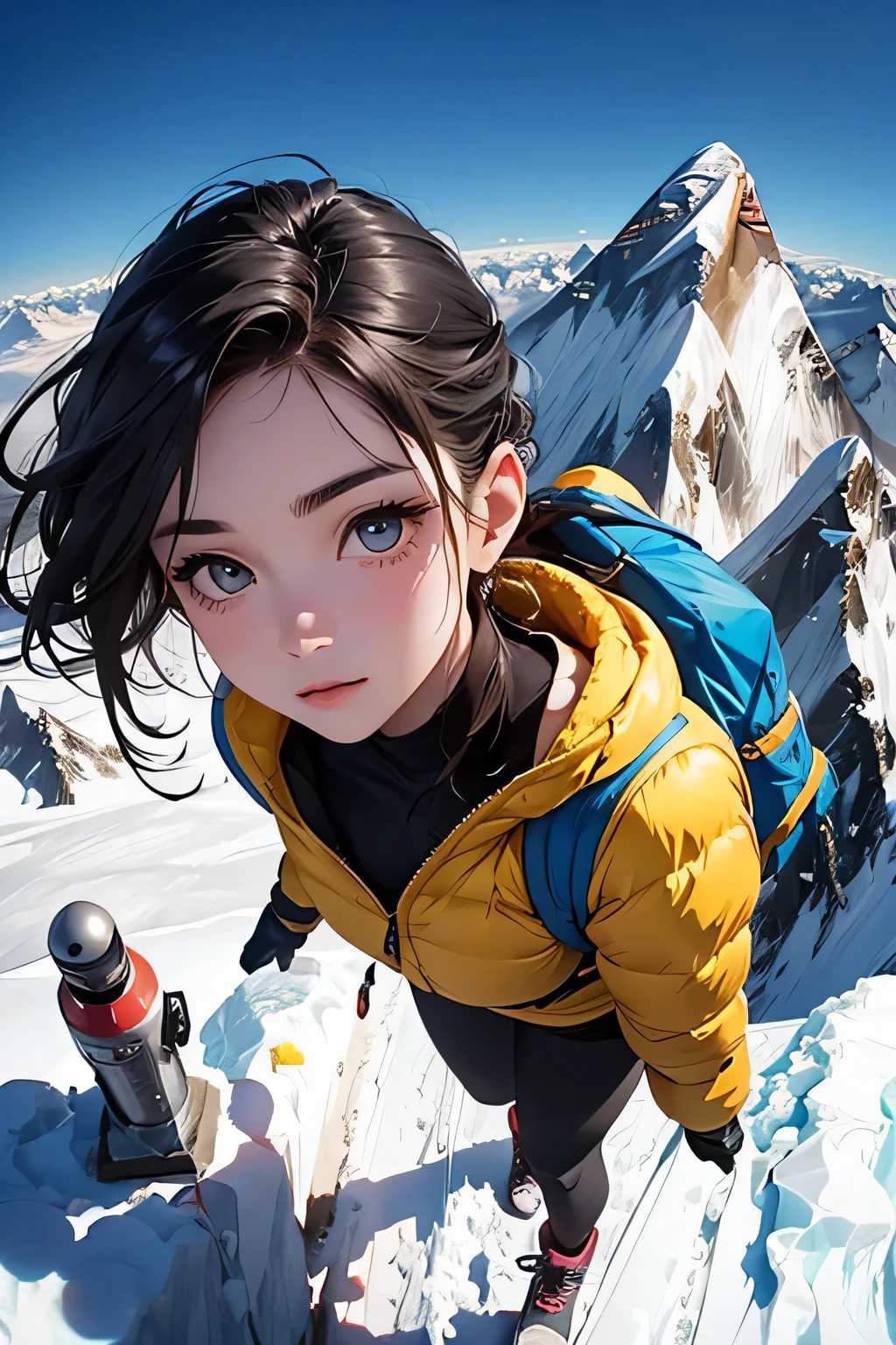 highest quality、High resolution、Detailed Background、(Beautiful face in every detail:1.4)、Anatomically correct、(Detailed facial expressions)、(Detailed eyes:1.2)、Beautiful women in their 20s、(Highly detailed face:1.4)、Cute hair colour、Braided Ponytail、Braided long hair、Wavy Hairstyle、well-groomed eyebrows、Cute gestures、From the summit of Everest、

(A beautiful woman photographed from a powerful angle at the summit of Mount Everest, 8,000 meters above sea level.:1.5)、

The spectacular sight of the world&#39;s highest peak unfolds before your eyes.、The snowy peak of Mount Everest, towering above the sea of clouds, looks like a giant white spire stretching into the heavens.、Its imposing appearance seems to symbolize the pinnacle of the Earth.、Standing at the peak at an altitude of 8048 meters、The view from there is magnificent.、Beneath my feet is a deep valley and steep rock faces, with a small mountain reflected in the distance.々is a series of、
Far below you can see the sea of clouds and the towering figure of Mount Everest.、
The white snowy tops reflect the sunlight and look like gods.々It seems to emit a bright glow.、
The overwhelming presence will take your breath away.、The blue sky and the pure white snowy peaks create a beautiful contrast.、
You can feel the grandeur of the highest peak on earth and the smallness of humans.、You can capture the overwhelming power and grandeur of the place.、This will be a thrilling and moving piece that was achieved at the risk of one&#39;s life.、

Choose a lightweight, warm down jacket。Elegant design with fur、
Stylish leggings with a tight silhouette、The warm high-necked top gives a mature and elegant impression.、The colour should also be calm.、Sturdy hiking boots、Chic beige and grey design、Gloves and neck warmer、Add accents with accessories such as knit hats、A functional backpack-type bag
