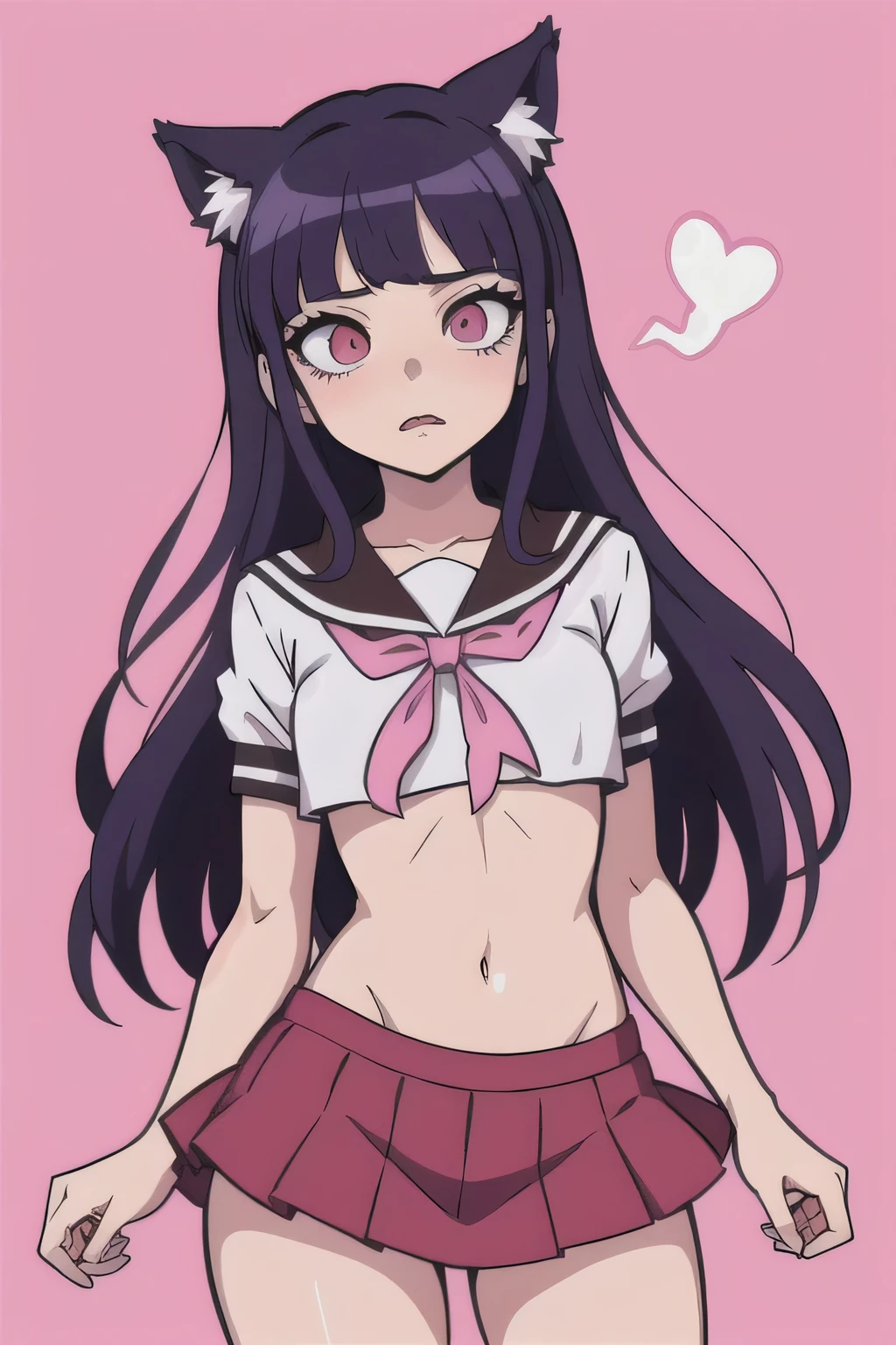 anime girl in a short skirt with a cat ear and a pink background, gapmoe yandere, anime artstyle, akane owari danganronpa, in an anime style, yandere. tall, anime style character, yandere, seductive anime girl, cel - shaded art style, in anime style, oc commission, gapmoe yandere grimdark