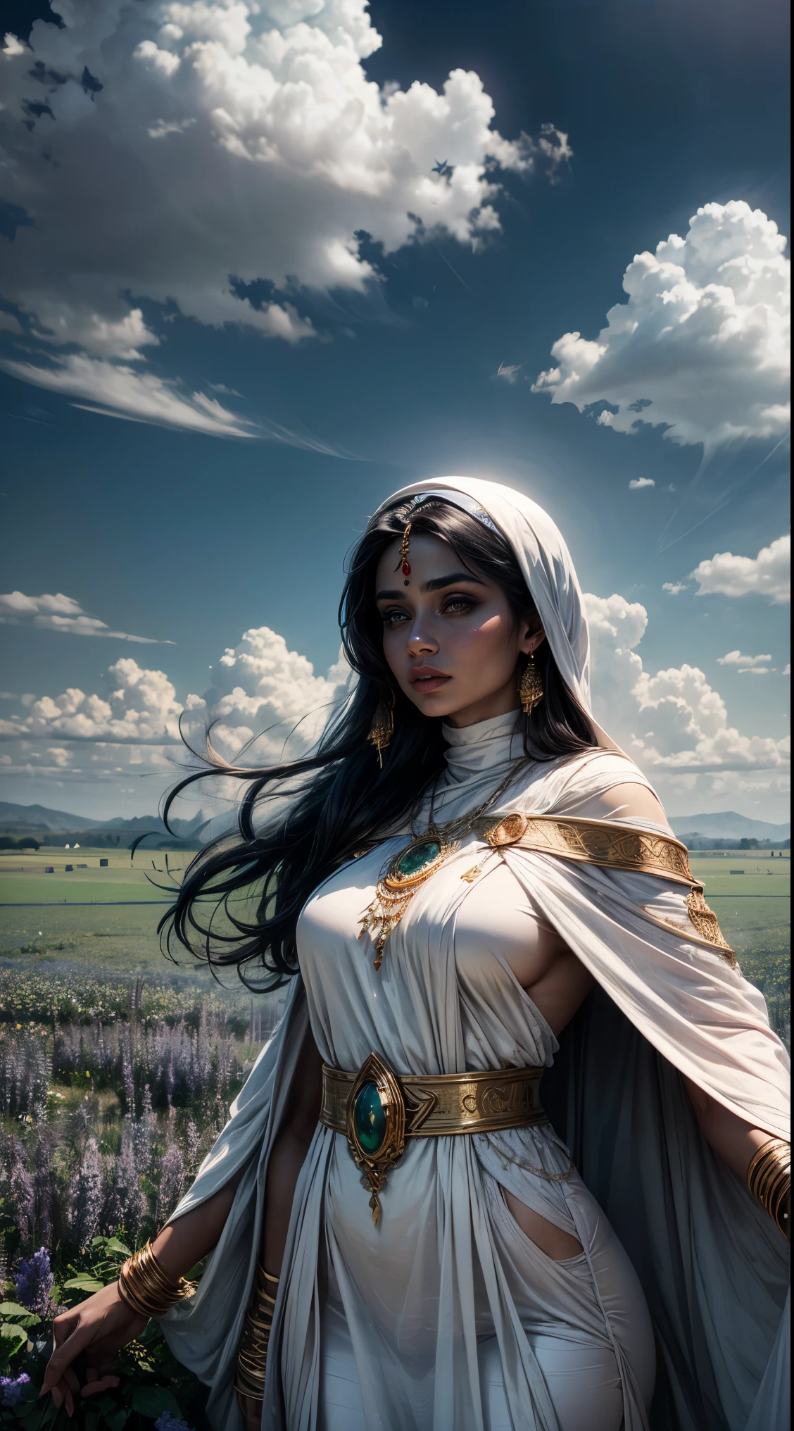 arab woman, blue skin, she has four arms, indian woman, white robes, green field, clouds 