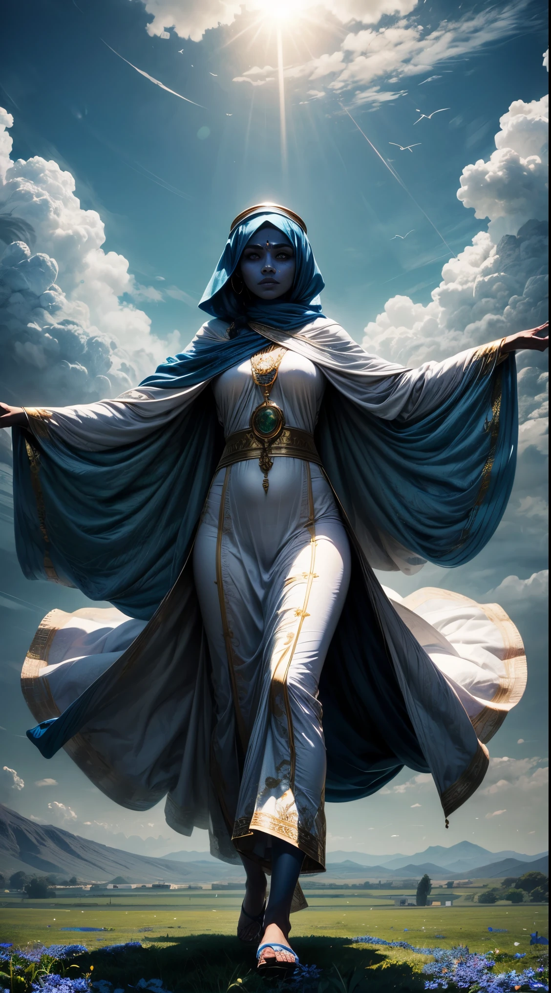 arab woman, blue skin, she has four arms, indian woman, white robes, green field, clouds 