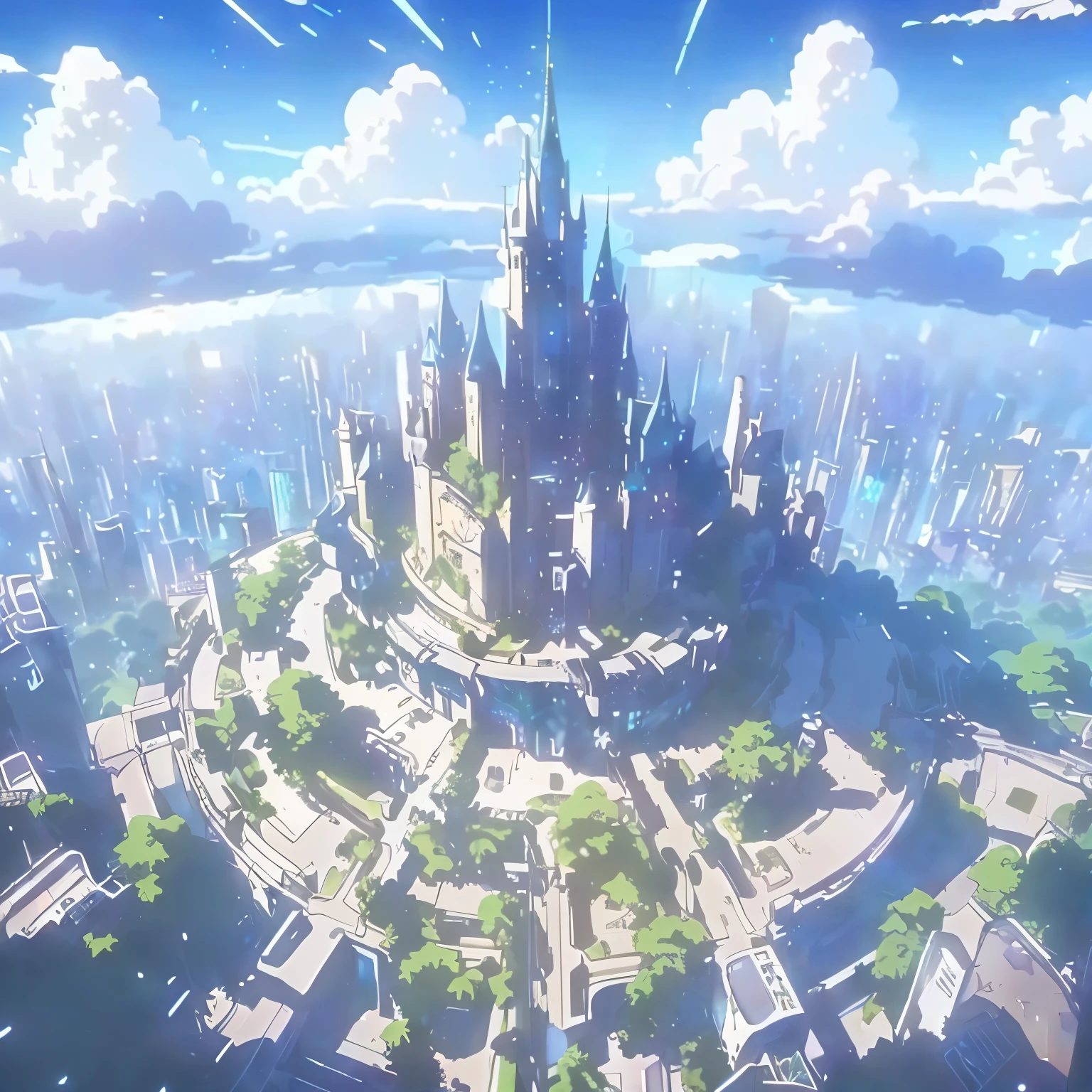anime city with a castle surrounded by trees and mountains, empyrean city, anime scenery concept art, hd anime cityscape, anime style cityscape, beautiful city of the future, makoto shinkai. —h 2160, ( ( makoto shinkai ) ), beautiful cityscape, style of makoto shinkai, anime beautiful peace scene, makoto shinkai!