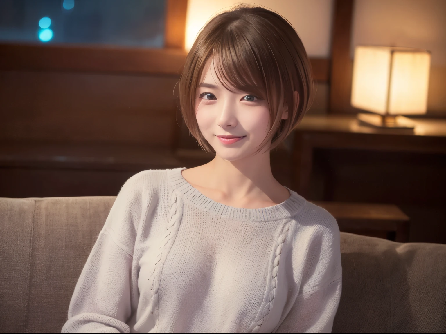 27 year old Japanese woman in casual clothes in the living room、Observe your audience、Pose with a smile(highest quality、Masterpiece)))、High resolution、Very detailed、Masterpiece、电影Light、(8k、highest quality、Masterpiece:1.2)、(Realistic、Photorealistic:1.37) High Resolution、Super detailed、One Girl 、Asian, cute, cute顔, alone, short hair1.2, Textured skin, Beautiful smile, Beautifully detailed skies, night, Light, Depth of written boundary, レンズフレアLight、Sitting、Date、(Blushing your nose)、(Laughter:1.15)、(Mouth closed)Small breasts、A beautiful eye for detail、(sweater:1.1)、night、(short hair:1.2)、Floating Hair Nova Frog Style