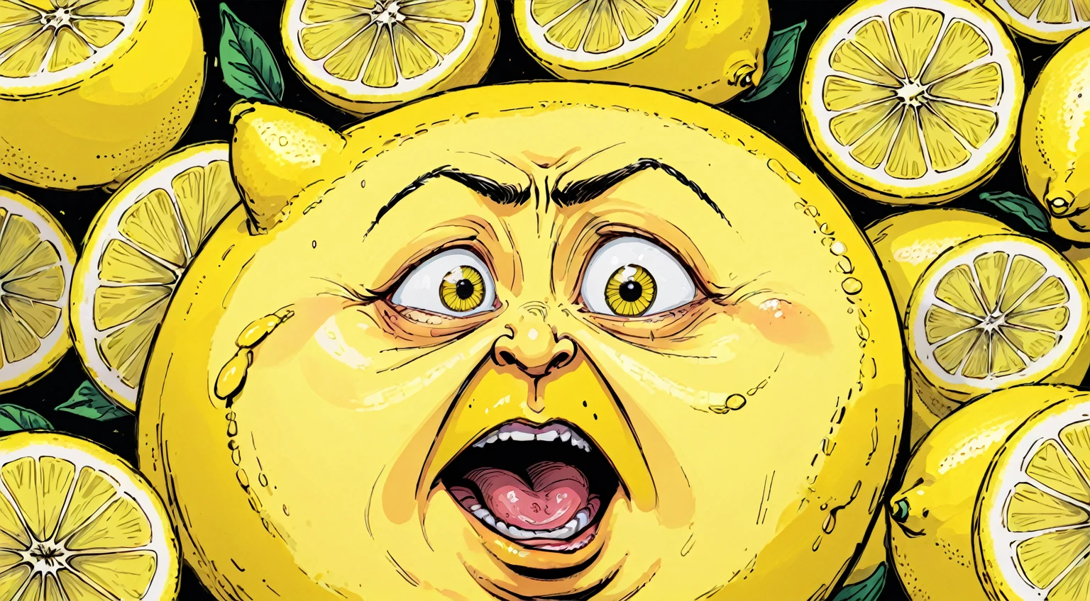 Lemon eating lemons, mouth full of lemons, caught, startled, tiny eyed surprise. hyper maximal, strange, hyperrealism, rotoscope expressive ink bold line hand drawn, chonky, chonkiest Lemon, extremely intensely chonky, spilling over in all directions, hefty, rotund, obese, large, rich color grading, cel shading, warm colors, unified colors, cinematic, absurd, making silly face, hilarity from facial expression