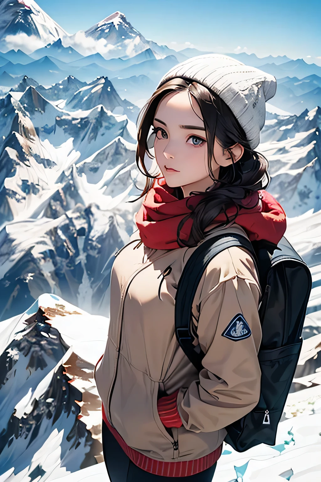 highest quality、High resolution、Detailed Background、(Beautiful face in every detail:1.4)、Anatomically correct、(Detailed facial expressions)、(Detailed eyes:1.2)、Beautiful women in their 20s、(Highly detailed face:1.4)、Cute hair colour、Braided Ponytail、Braided long hair、Wavy Hairstyle、well-groomed eyebrows、Cute gestures、From the summit of Everest、
(A beautiful woman photographed from a powerful angle at the summit of Mount Everest, 8,000 meters above sea level.:1.5)、
The spectacular sight of the world's highest peak unfolds before your eyes.、The snowy peak of Mount Everest, towering above the sea of clouds, looks like a giant white spire stretching into the heavens.、Its imposing appearance seems to symbolize the pinnacle of the Earth.、Standing at the peak at an altitude of 8048 meters、The view from there is magnificent.、Beneath my feet is a deep valley and steep rock faces, with a small mountain reflected in the distance.々is a series of、
Far below you can see the sea of clouds and the towering figure of Mount Everest.、
The white snowy tops reflect the sunlight and look like gods.々It seems to emit a bright glow.、
The overwhelming presence will take your breath away.、The blue sky and the pure white snowy peaks create a beautiful contrast.、
You can feel the grandeur of the highest peak on earth and the smallness of humans.、You can capture the overwhelming power and grandeur of the place.、This will be a thrilling and moving piece that was achieved at the risk of one's life.、
Choose a lightweight, warm down jacket。Elegant design with fur、
Stylish leggings with a tight silhouette、The warm high-necked top gives a mature and elegant impression.、The colour should also be calm.、Sturdy hiking boots、Chic beige and grey design、Gloves and neck warmer、Add accents with accessories such as knit hats、A functional backpack-type bag
