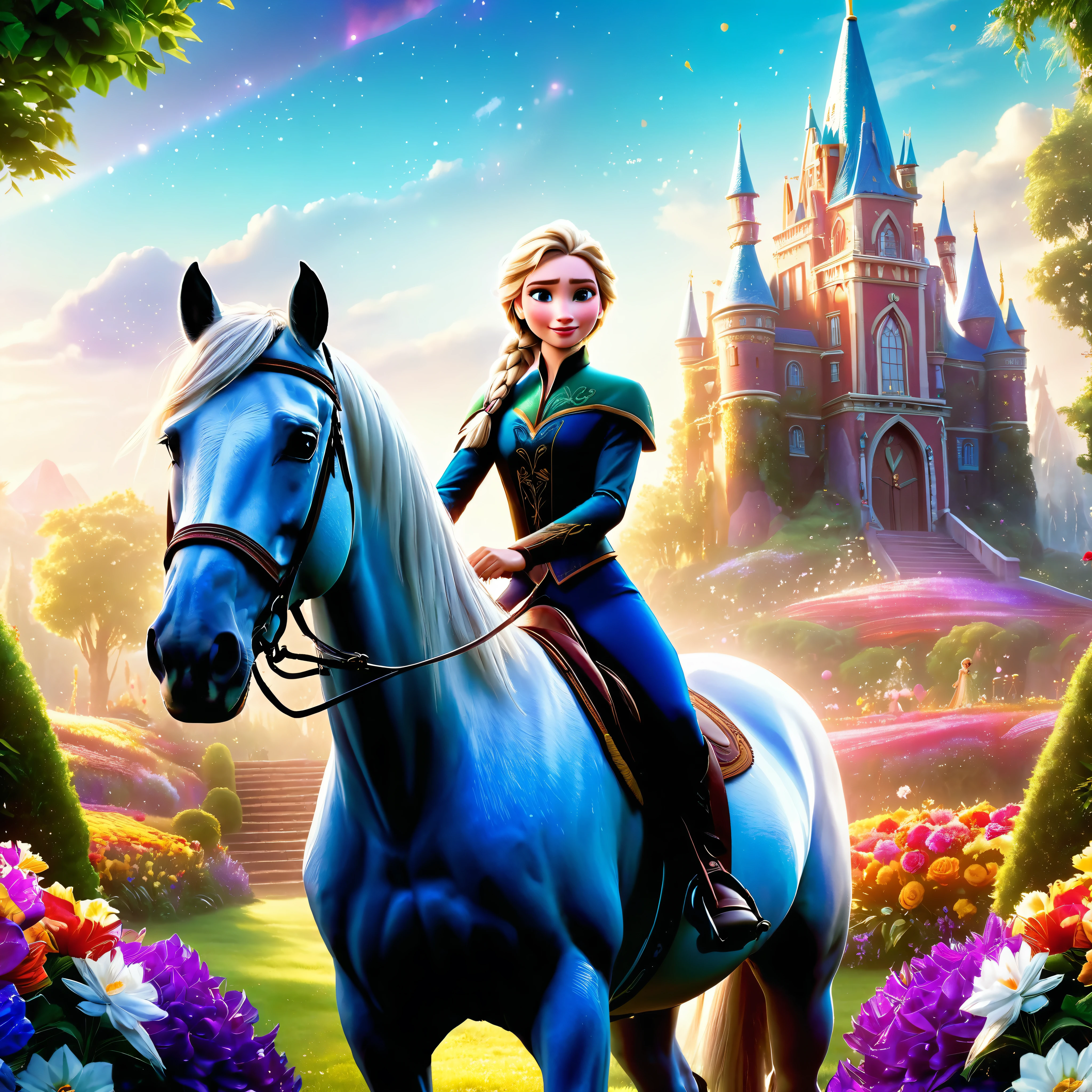 A girl riding a horse, with Elsa from "Frozen 2" as the main subject. The girl has beautiful detailed eyes, white leggings,beautiful detailed lips, and an extremely detailed face. Her eyelashes are long. The horse is majestic and powerful. The scene is set in a garden with vibrant flowers and lush greenery. The lighting is soft and warm, creating a magical atmosphere. The artwork is rendered in a Pixar style, with vivid colors and sharp focus. stunning dream vibrant DSLR colorful epic tmasterpiece extremely symmetrical meticulously intricate detailed ultra_high-resolution 256K XT3 128K ultra_high-definition ultra_high-quality, saturate, reflection, epic micro ultra high-details, raw, nsfw, varies, multi, etc. --v 6 --s 1000 --c 20 --q 5 --chaos 100