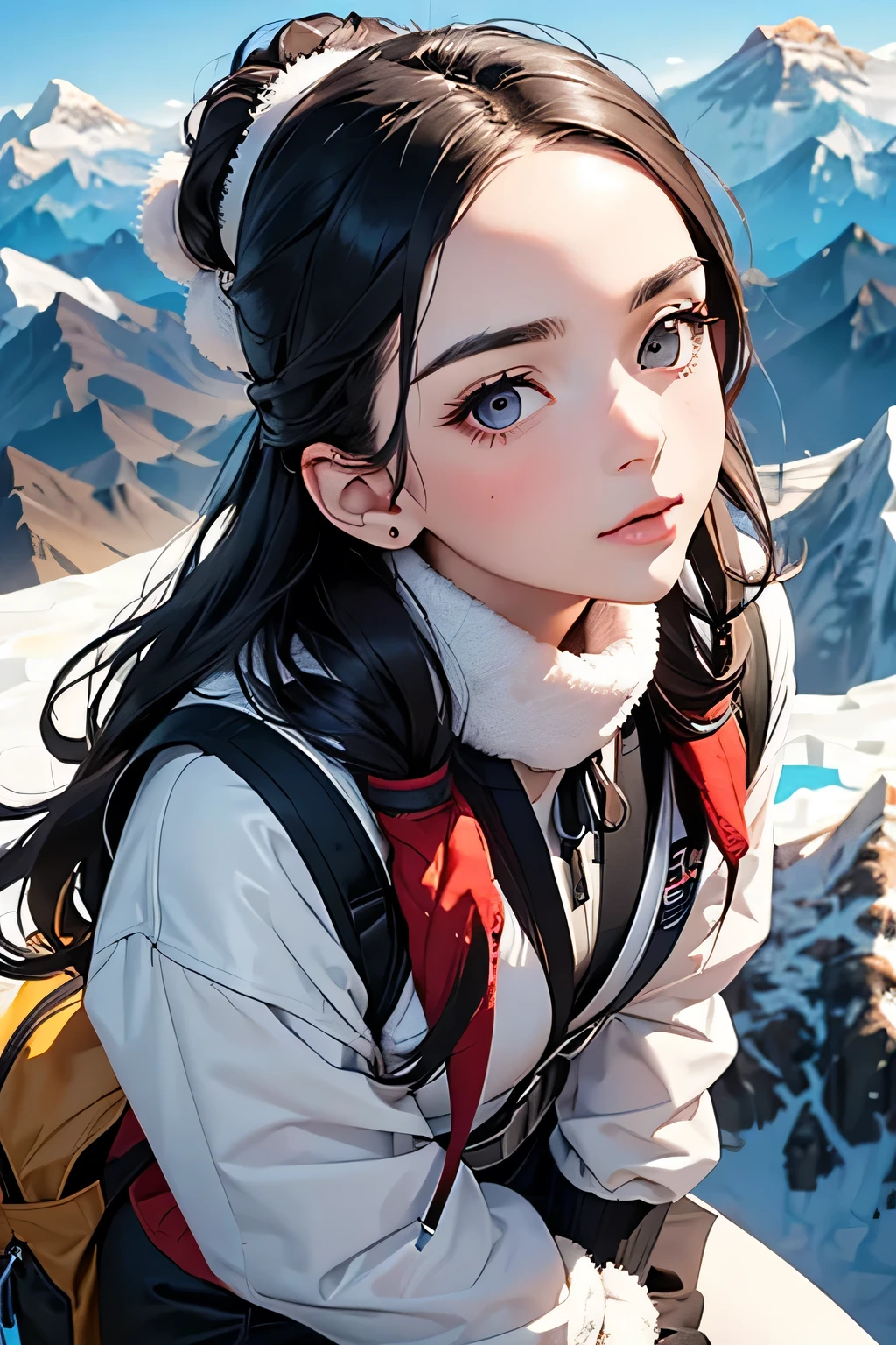 highest quality、High resolution、Detailed Background、(Beautiful face in every detail:1.4)、Anatomically correct、(Detailed facial expressions)、(Detailed eyes:1.2)、Beautiful women in their 20s、(Highly detailed face:1.4)、Cute hair colour、Braided Ponytail、Braided long hair、Wavy Hairstyle、well-groomed eyebrows、Cute gestures、From the summit of Everest、

(A beautiful woman photographed from a powerful angle at the summit of Mount Everest, 8,000 meters above sea level.:1.5)、

The spectacular sight of the world&#39;s highest peak unfolds before your eyes.、The snowy peak of Mount Everest, towering above the sea of clouds, looks like a giant white spire stretching into the heavens.、Its imposing appearance seems to symbolize the pinnacle of the Earth.、Standing at the peak at an altitude of 8048 meters、The view from there is magnificent.、Beneath my feet is a deep valley and steep rock faces, with a small mountain reflected in the distance.々is a series of、
Far below you can see the sea of clouds and the towering figure of Mount Everest.、
The white snowy tops reflect the sunlight and look like gods.々It seems to emit a bright glow.、
The overwhelming presence will take your breath away.、The blue sky and the pure white snowy peaks create a beautiful contrast.、
You can feel the grandeur of the highest peak on earth and the smallness of humans.、You can capture the overwhelming power and grandeur of the place.、This will be a thrilling and moving piece that was achieved at the risk of one&#39;s life.、

Choose a lightweight, warm down jacket。Elegant design with fur、
Stylish leggings with a tight silhouette、The warm high-necked top gives a mature and elegant impression.、The colour should also be calm.、Sturdy hiking boots、Chic beige and grey design、Gloves and neck warmer、Add accents with accessories such as knit hats、A functional backpack-type bag