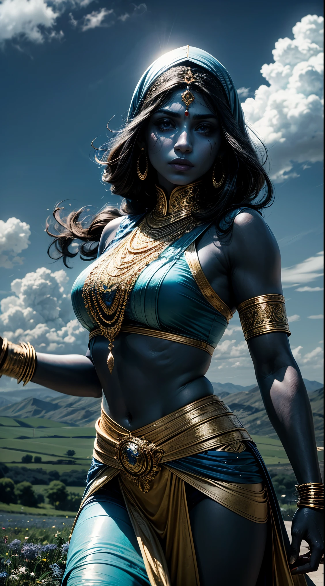 arab woman, blue skin, she has four arms, indian woman, dancer robes, swords, field, clouds 