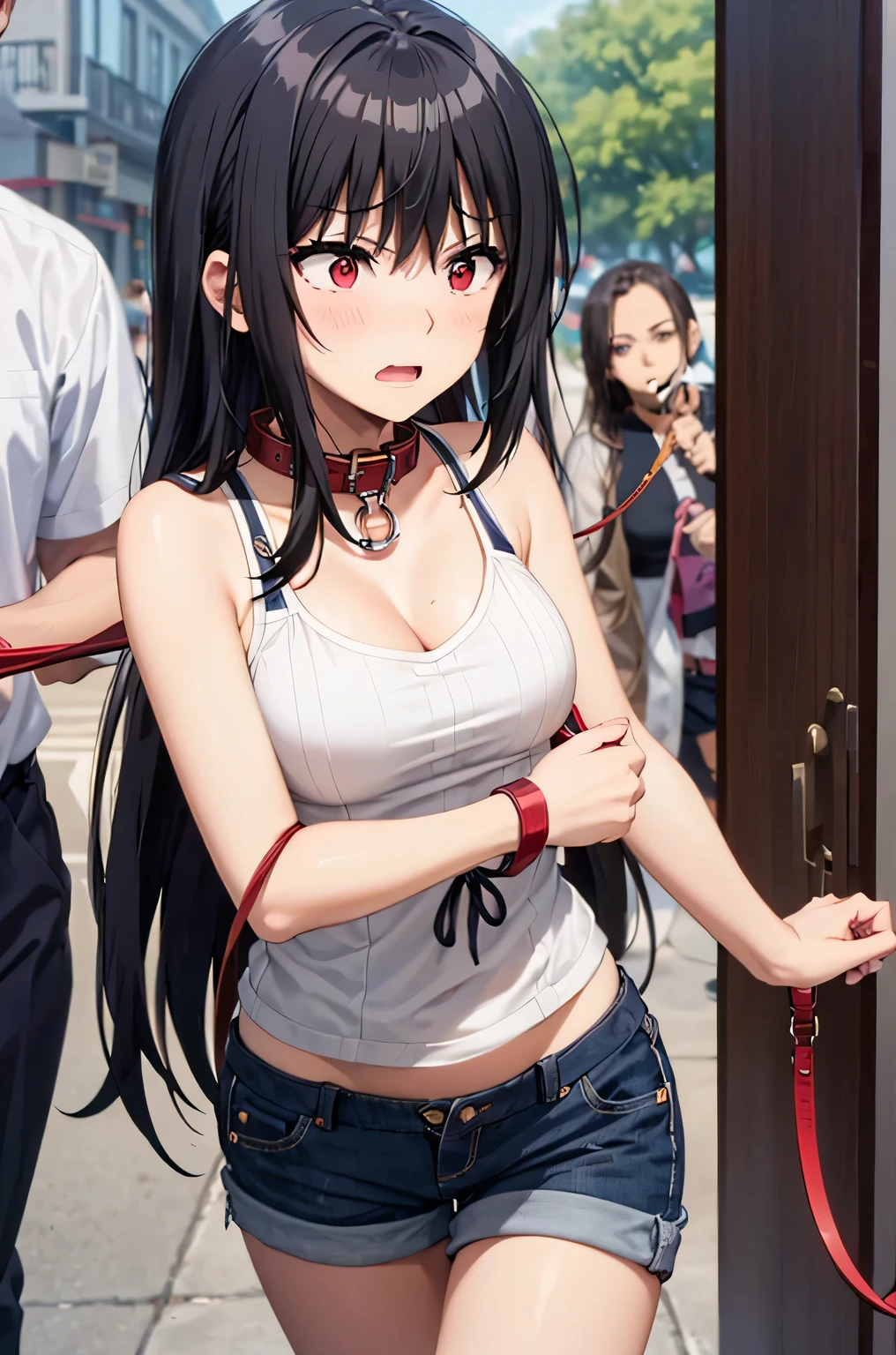 ((collar,leash,tied up,bondage,scared expression)),black hair,red eyes,shorts,top-tank
