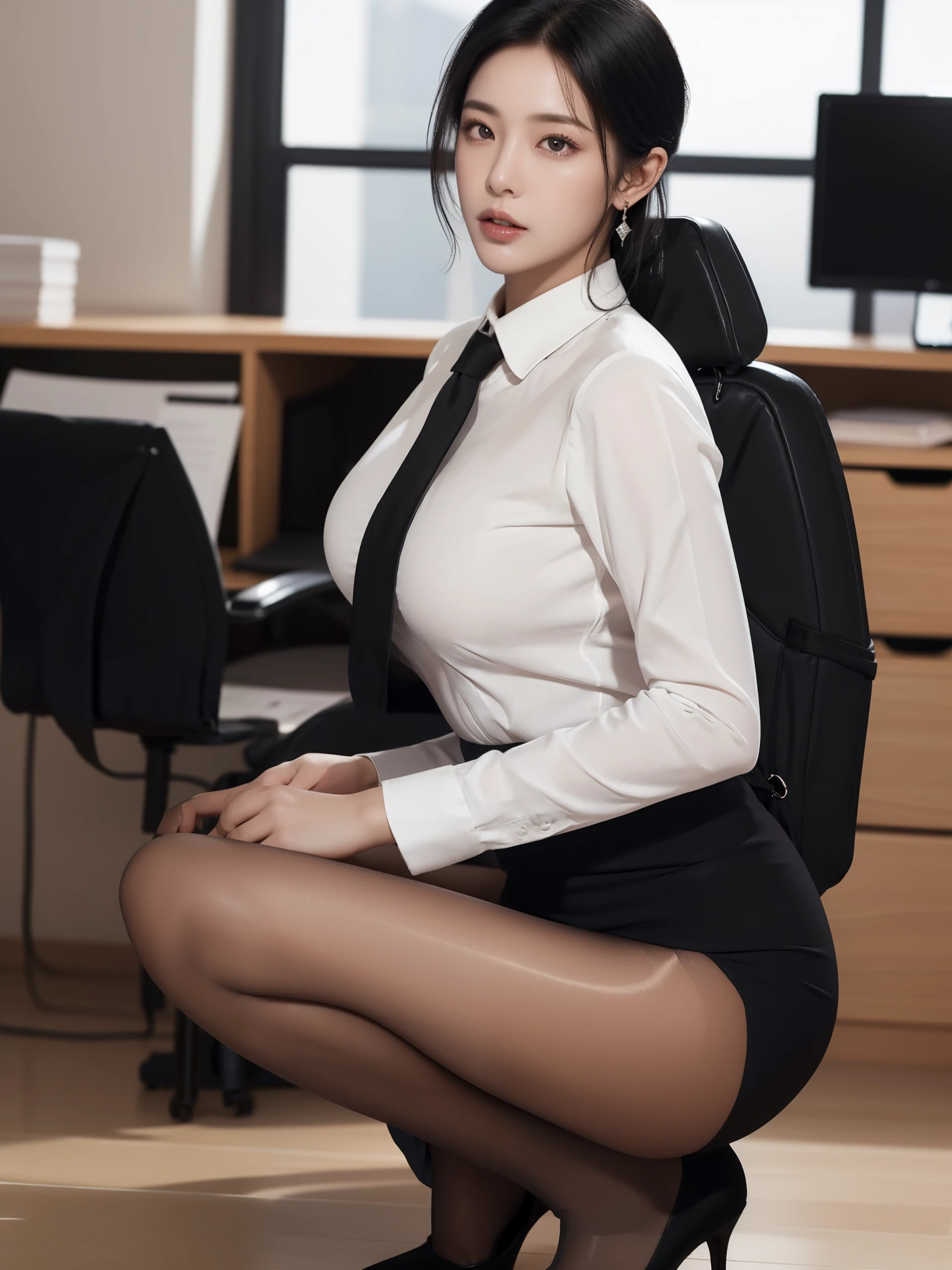(masterpiece),best quality,highest quality,extremely detailed CG unity 8k wallpaper,detailed and intricate,original,highres,extremely detailed_eyes,sexy,(blush:0.5),black hair,hair pulled back,Folded tied hair,simple diamond earrings,detailed skin,looking at viewer,solo,office lady,suits,white shirt,striped miniskirt,(black pantyhose:1.1),squatting,perfect anatomy,pov,indoors,office,(depth of field:1.5),realistic:1.3,(ambient light:1),(cinematic composition:1.3),(HDR:0.1), 1girl, full body,Wear high-end high heels