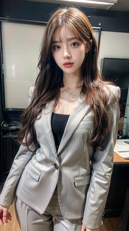 UHD, ccurate, anatomically correct, textured skin, high details, 8k, A woman in a suit posing for a photo, a hyperRealistic , hyperRealistic , Wear a strict business suit, photoRealistic perfect body, Realistic , on the desk, standing on the desk, ultra Realistic picture, Dressed in a strict suit, Realistic shaded perfect body, In a strict suit, photoRealistic girl render