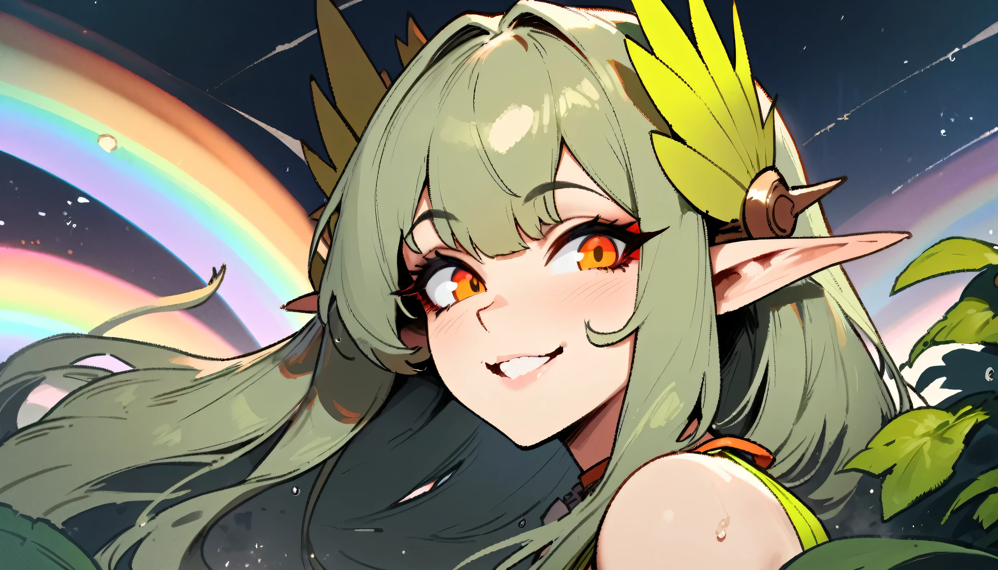 1girl, muelsyse \(arknights\), arknights \\\\\ masterpiece, best quality, very aesthetic, absurdres, newest \\\\\\ simple background, space background. lime bikini, greenery, water, orange eyes,elf ears, slim body,///// ,by nyantcha, cutesexyrobutts, by khyle,,////// 18 years old girl,thin waist ,,solo, , rainbow, ^_^, portrait, big tits,detailed face, 