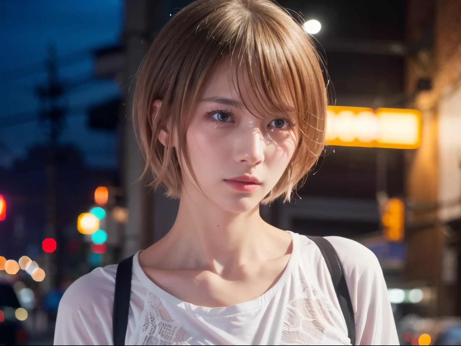 Japanese girl wearing a long-sleeved T-shirt、night、Sleep in a hotel bed、Looking at the audience、(highest quality、masterpiece)))、High resolution、Very detailed、masterpiece、电影Light、(8k、highest quality、masterpiece:1.2)、(Realistic、Photorealistic:1.37) High Resolution、Ultra-detailed、One Girl 、Asian, cute, cute顔, solo, short hair1.2, Textured skin, 美しく精細なnight空, night景, Light, Depth of written boundary, レンズフレアLight、Sit on、Date、(Blushing your nose)、(Crying face:1.15)、My eyes are moist、Red eyey face is turning red、(Mouth closed)Small breasts、Beautifully detailed eyes、night、(short hair:1.2)、Floating Hair Nova Frog Style、I'm crying、Crying face