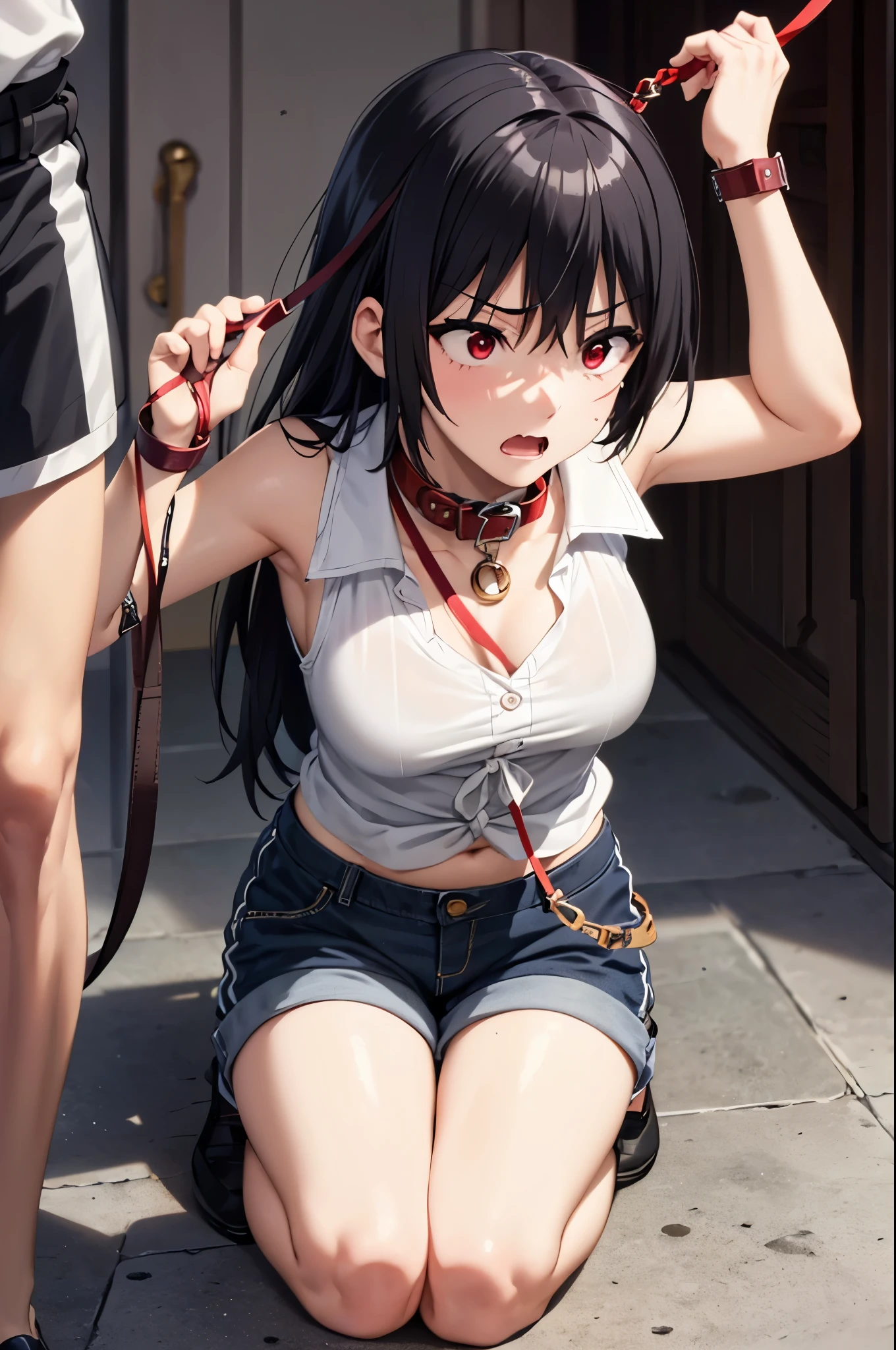 ((collar,leash,tied up,bondage,scared expression)),black hair,red eyes,shorts,top-tank